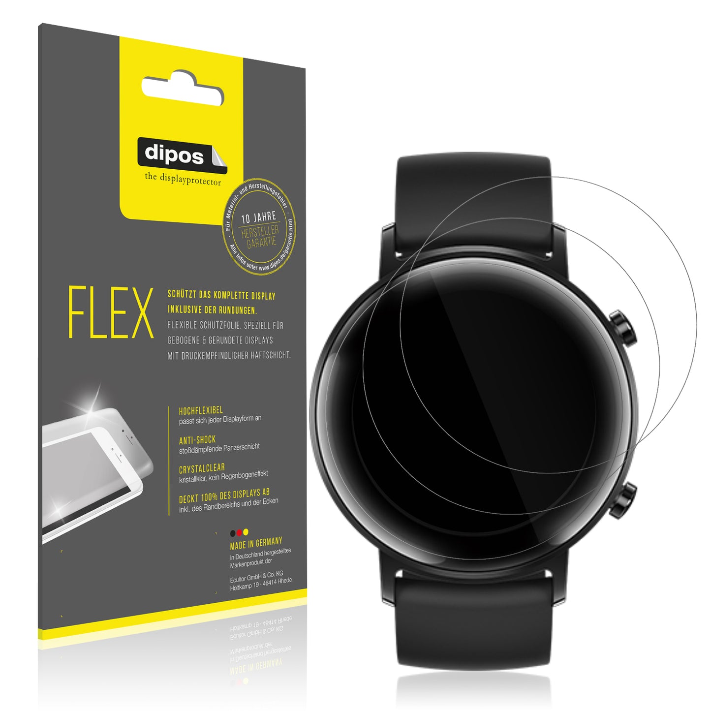 Klare Displayschutzfolie von dipos passend für Huawei Watch GT2 (42mm), 100% Displayabdeckung und blasenfreie Montage