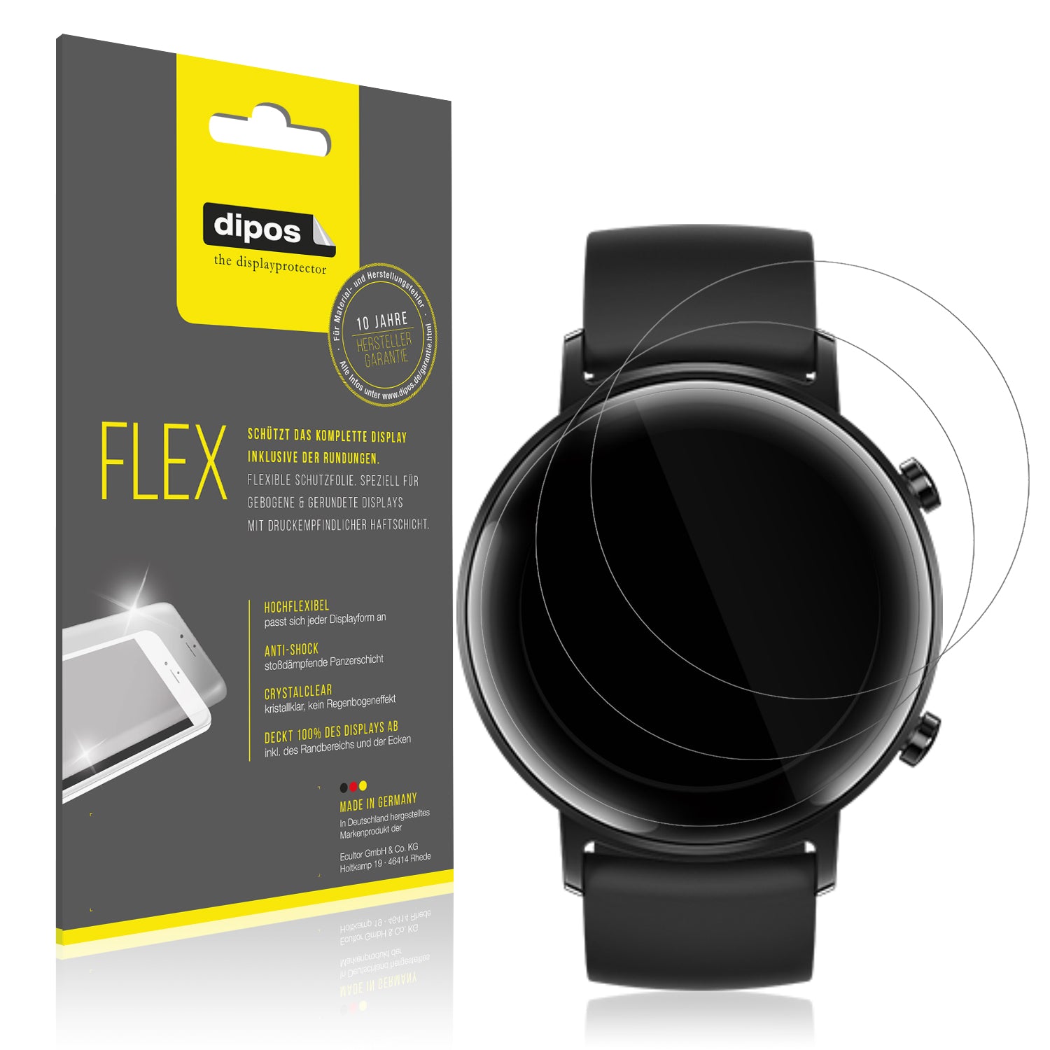 Klare Displayschutzfolie von dipos passend für Huawei Watch GT2 (42mm), 100% Displayabdeckung und blasenfreie Montage