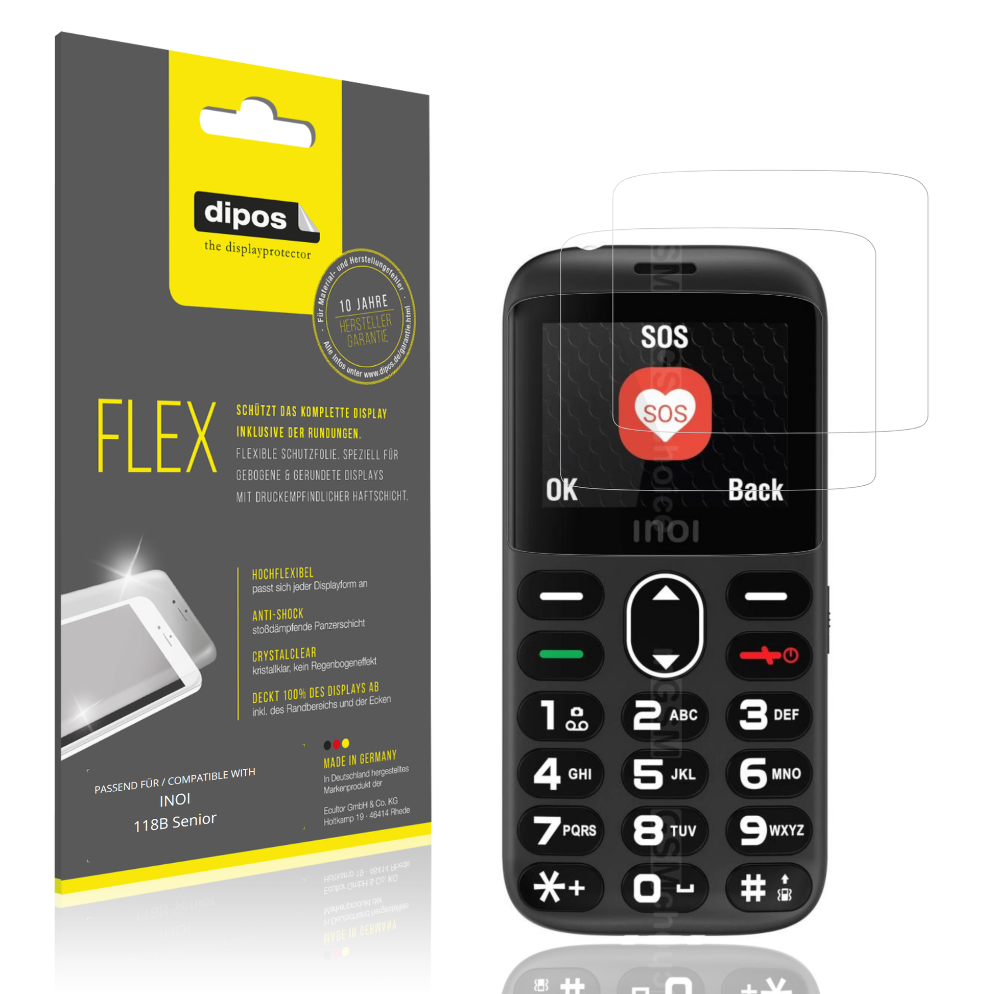 Klare Displayschutzfolie von dipos passend für INOI 118B Senior, 100% Displayabdeckung und blasenfreie Montage