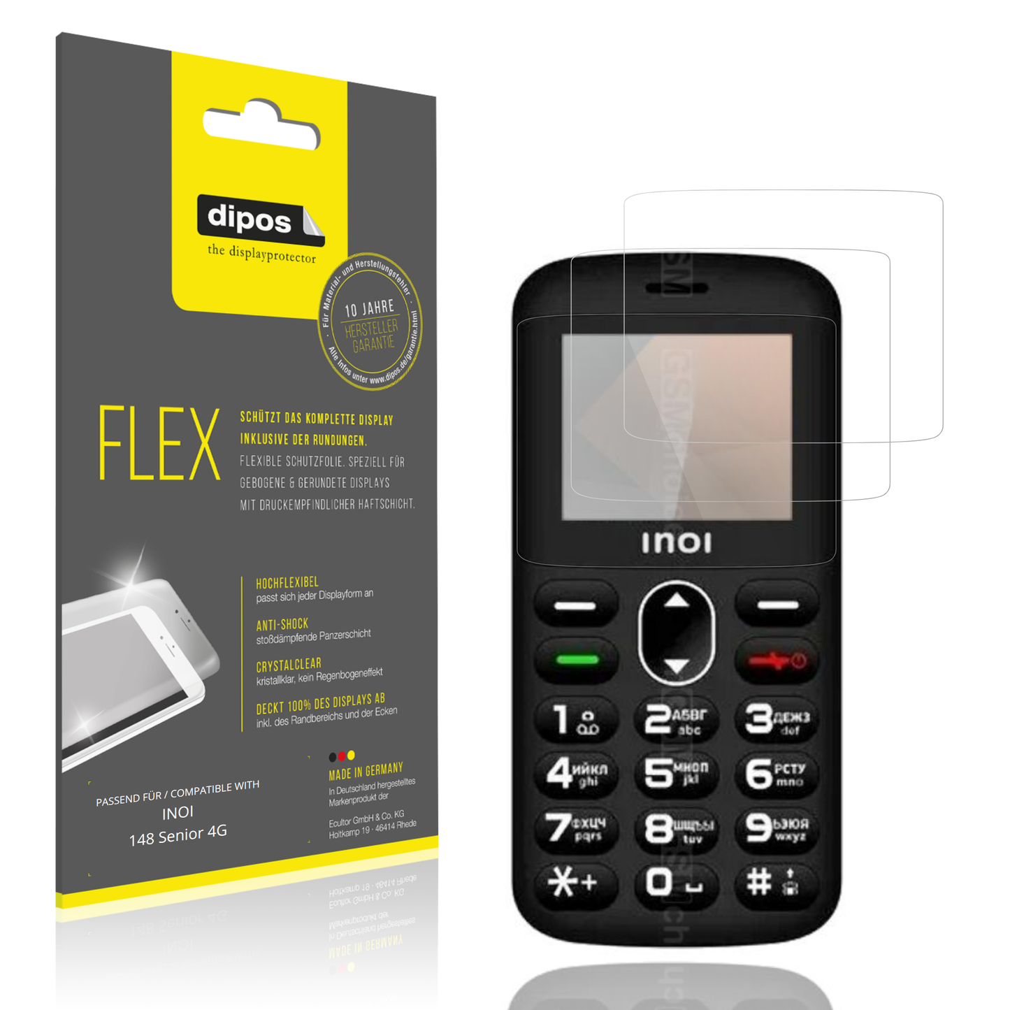 Klare Displayschutzfolie von dipos passend für INOI 148 Senior 4G, 100% Displayabdeckung und blasenfreie Montage