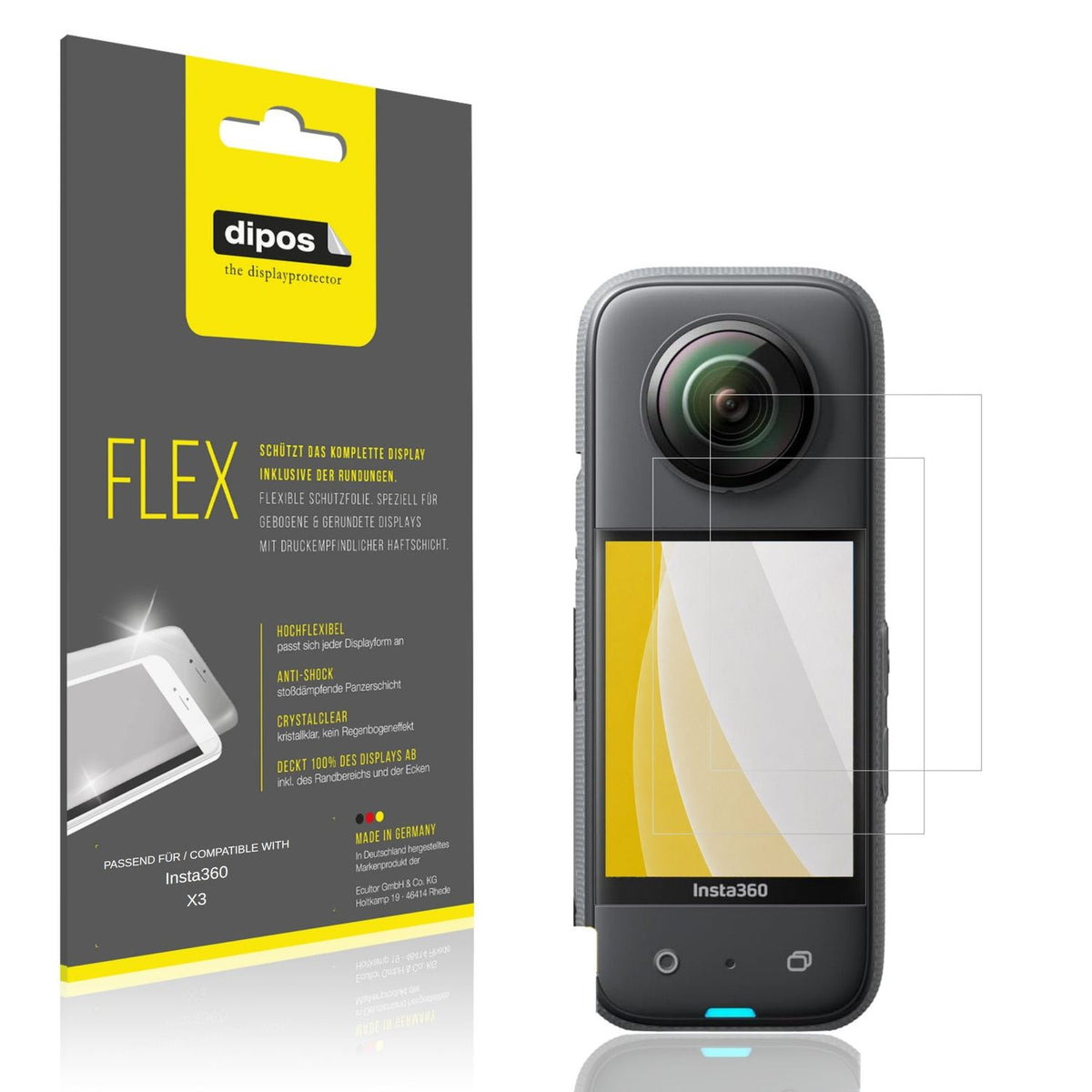 Klare Displayschutzfolie von dipos passend für Insta360 X3, 100% Displayabdeckung und blasenfreie Montage
