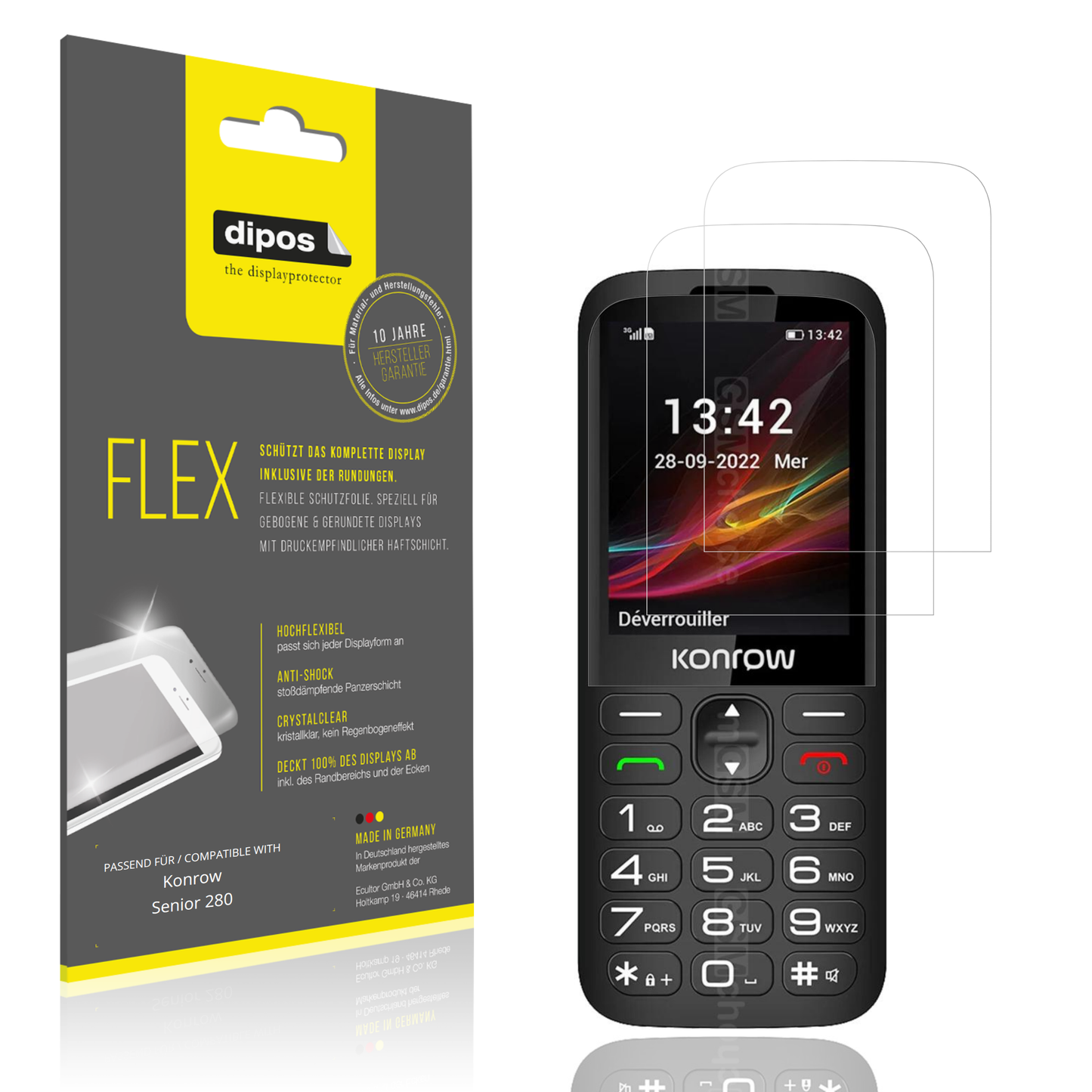Klare Displayschutzfolie von dipos passend für Konrow Senior 280, 100% Displayabdeckung und blasenfreie Montage