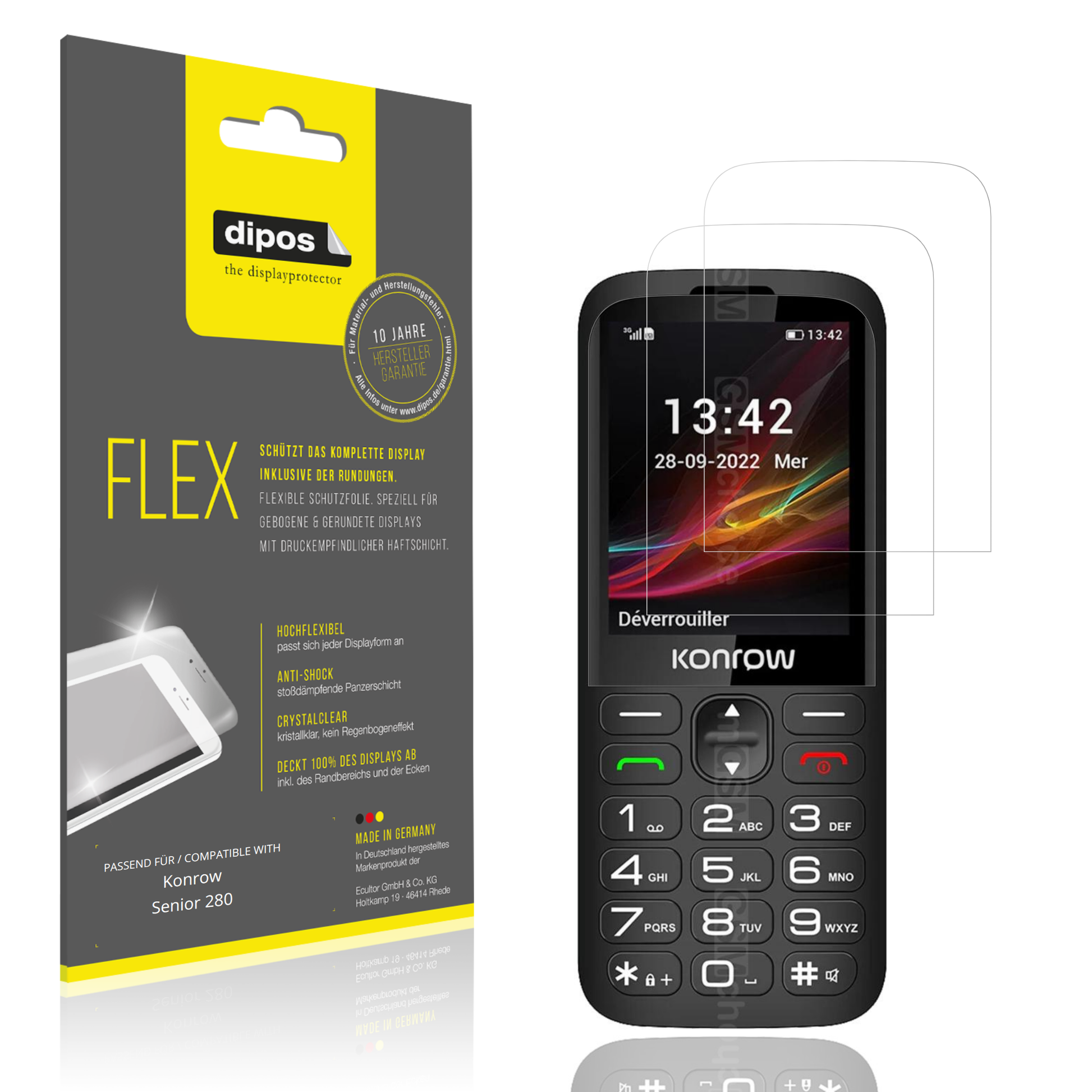 Klare Displayschutzfolie von dipos passend für Konrow Senior 280, 100% Displayabdeckung und blasenfreie Montage
