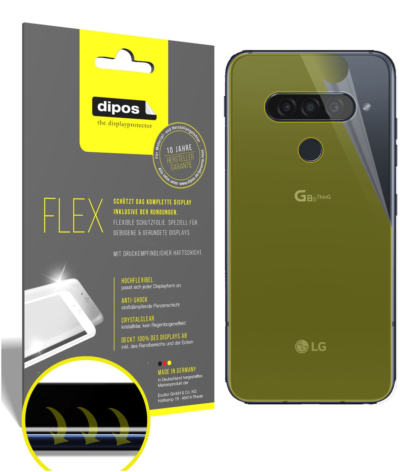 Klare Displayschutzfolie von dipos passend für LG G8s ThinQ Rückseite, 100% Displayabdeckung und blasenfreie Montage
