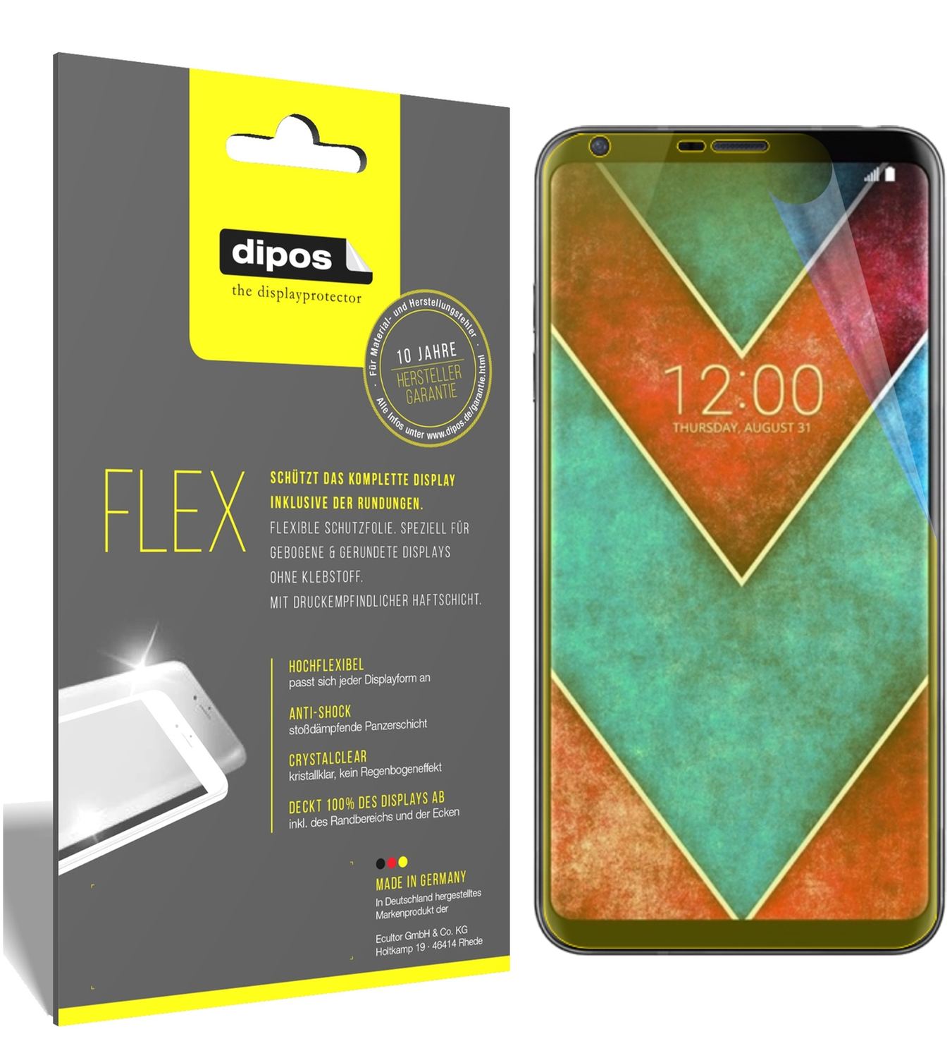 Klare Displayschutzfolie von dipos passend für LG V30, 100% Displayabdeckung und blasenfreie Montage
