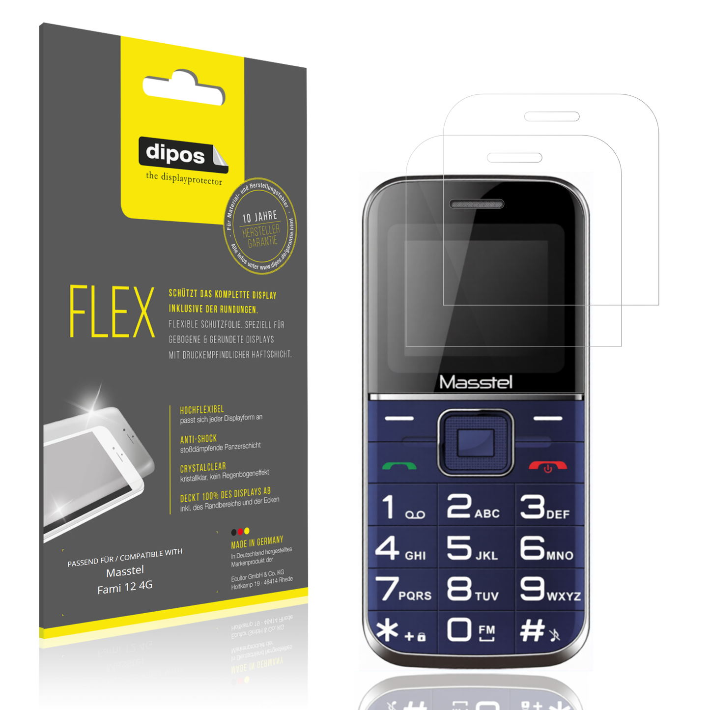 Klare Displayschutzfolie von dipos passend für Masstel Fami 12 4G, 100% Displayabdeckung und blasenfreie Montage
