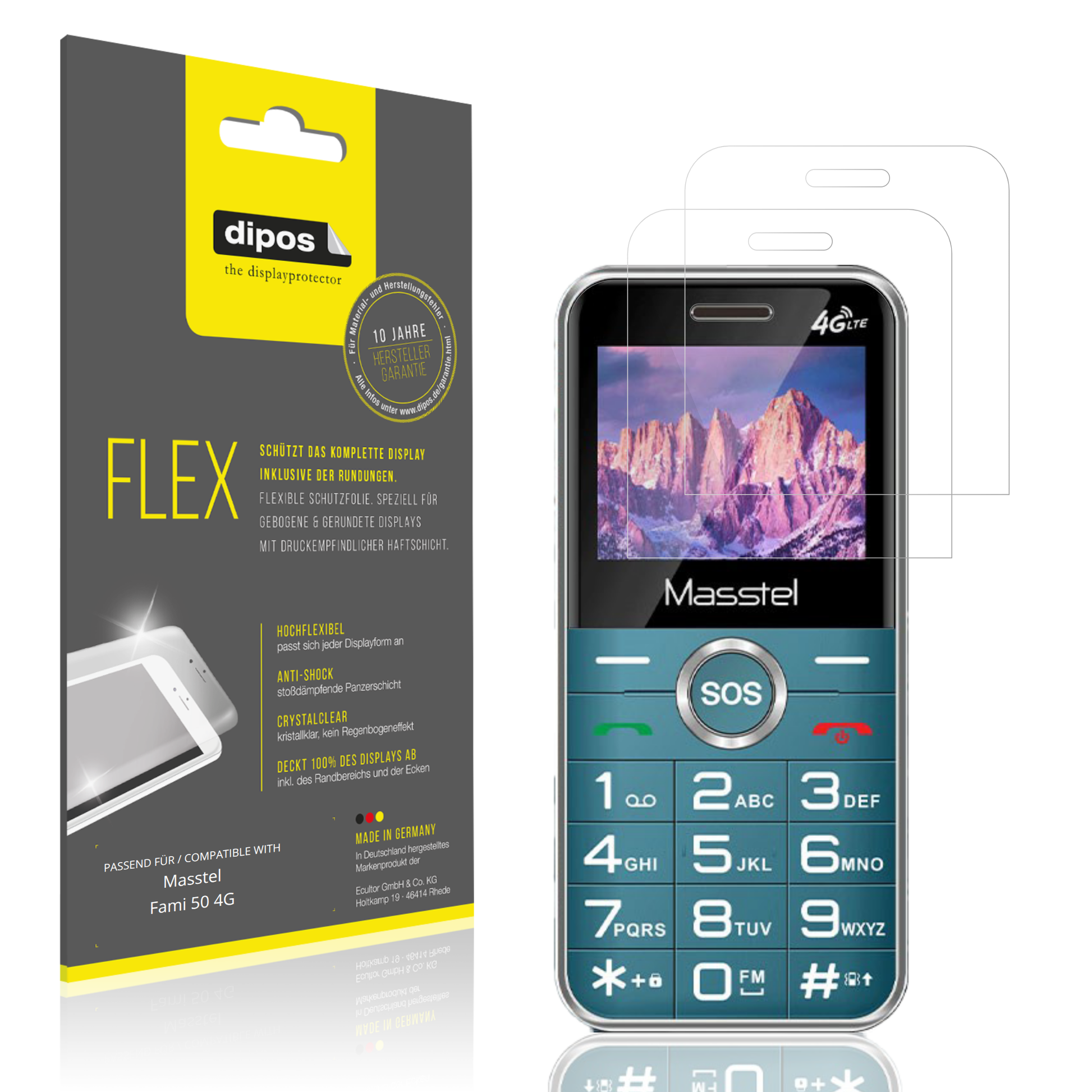 Klare Displayschutzfolie von dipos passend für Masstel Fami 50 4G, 100% Displayabdeckung und blasenfreie Montage