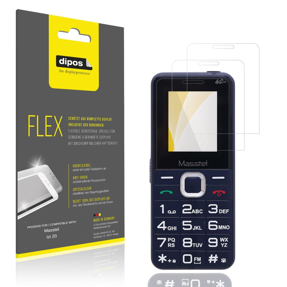 Klare Displayschutzfolie von dipos passend für Masstel Izi 20, 100% Displayabdeckung und blasenfreie Montage