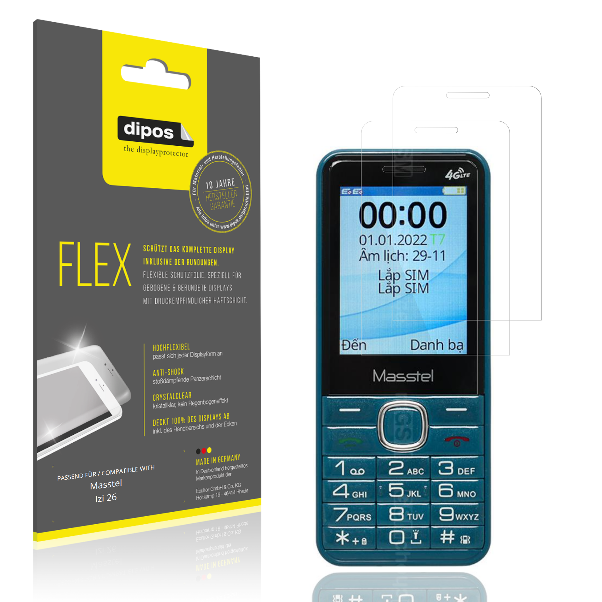 Klare Displayschutzfolie von dipos passend für Masstel Izi 26, 100% Displayabdeckung und blasenfreie Montage