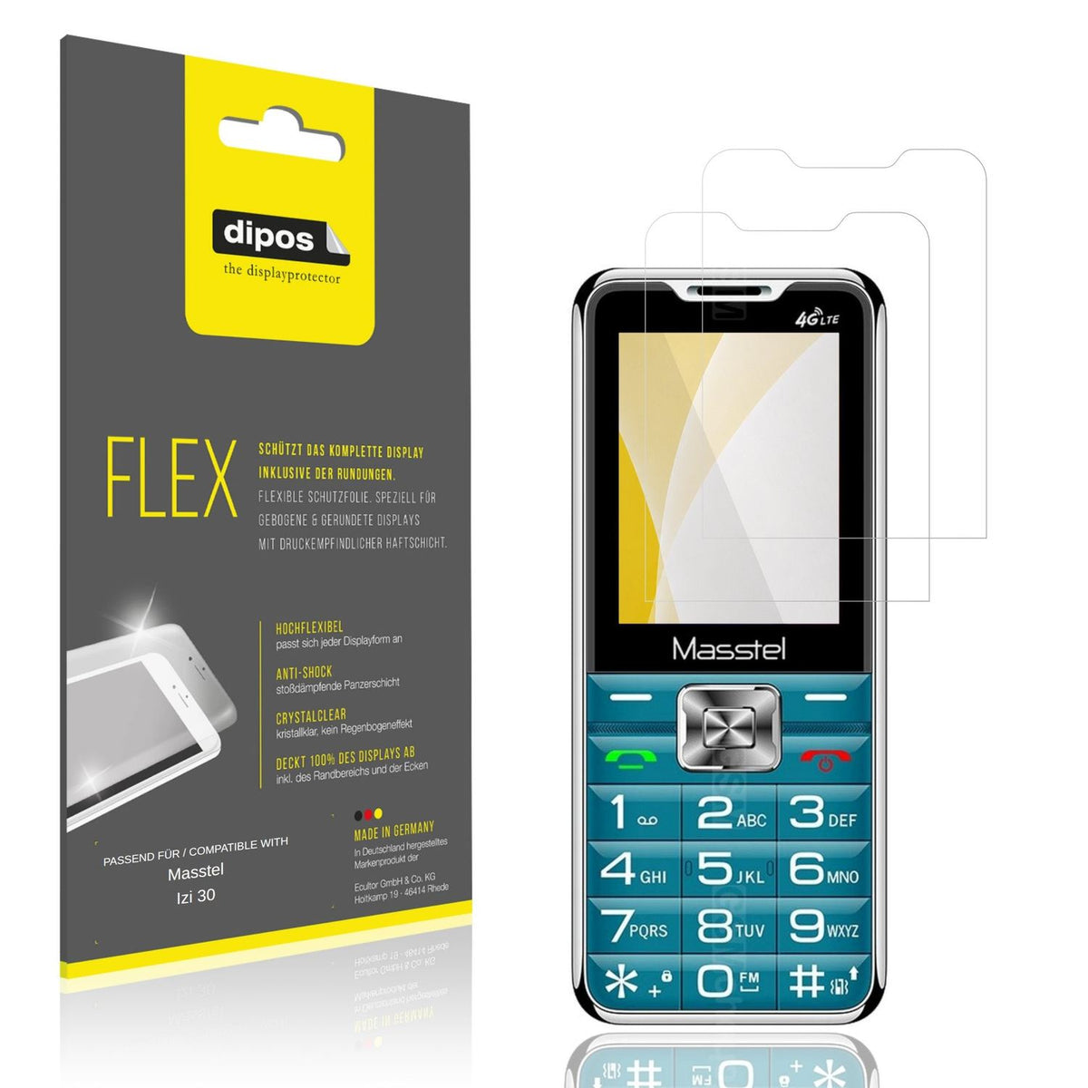 Klare Displayschutzfolie von dipos passend für Masstel Izi 30, 100% Displayabdeckung und blasenfreie Montage