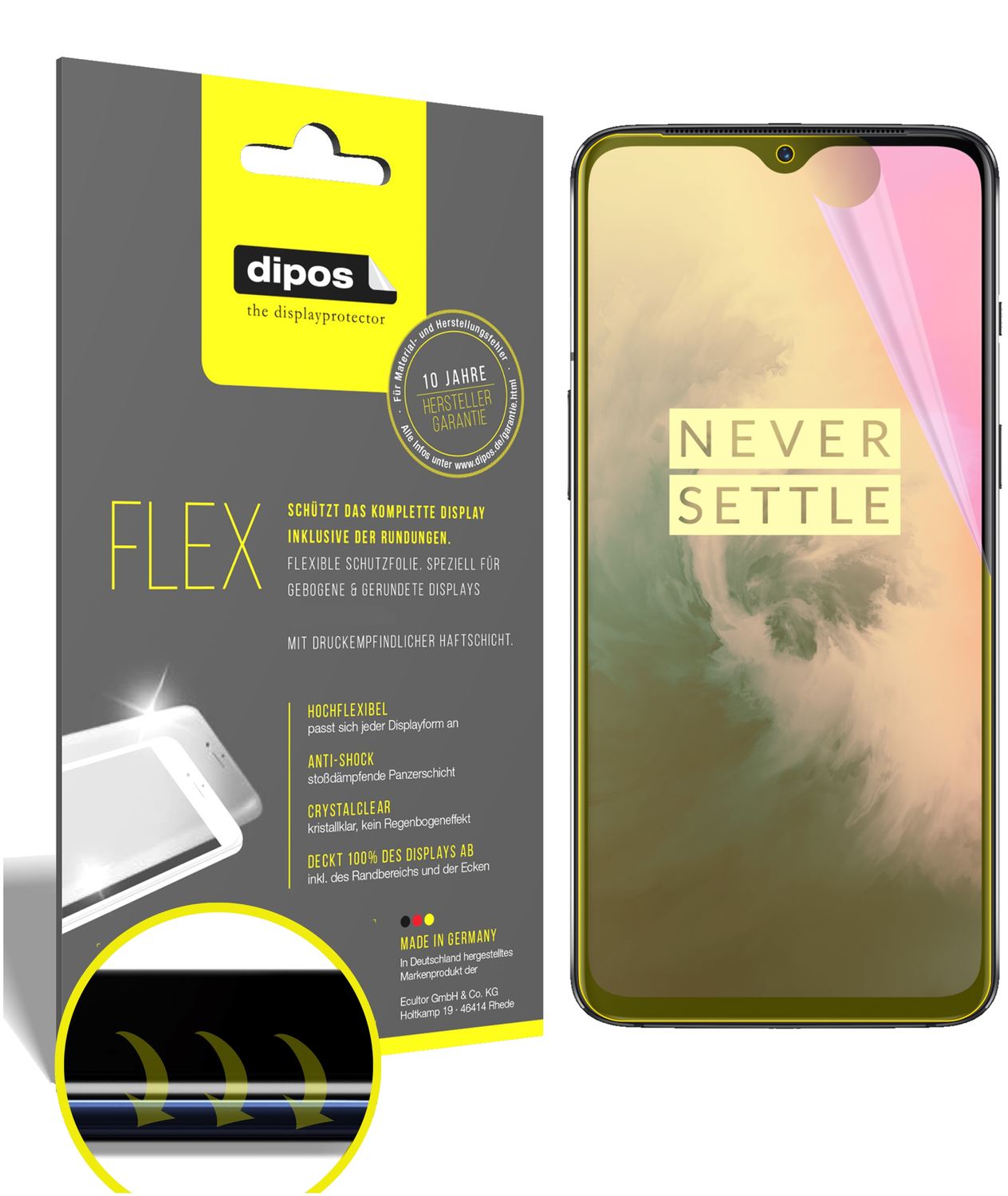 Klare Displayschutzfolie von dipos passend für OnePlus 7, 100% Displayabdeckung und blasenfreie Montage