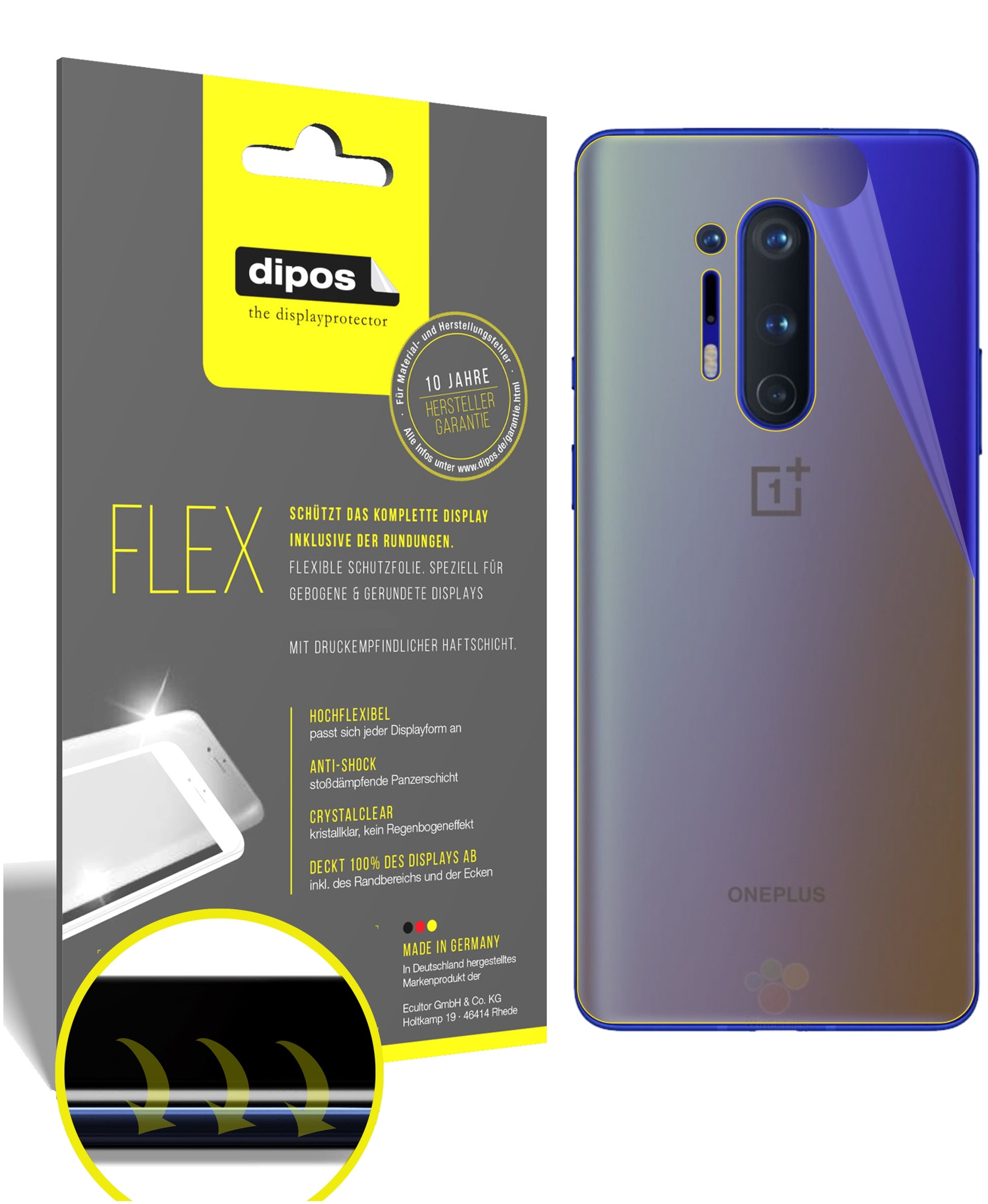 Klare Displayschutzfolie von dipos passend für OnePlus 8 Pro Rückseite, 100% Displayabdeckung und blasenfreie Montage