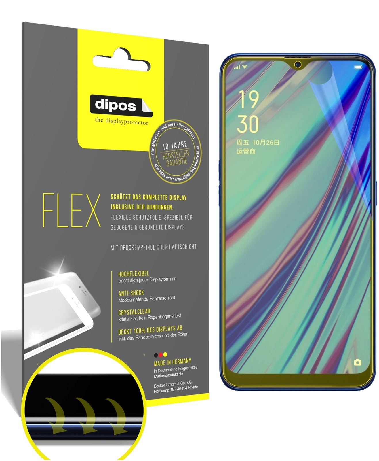 Klare Displayschutzfolie von dipos passend für Oppo A9, 100% Displayabdeckung und blasenfreie Montage