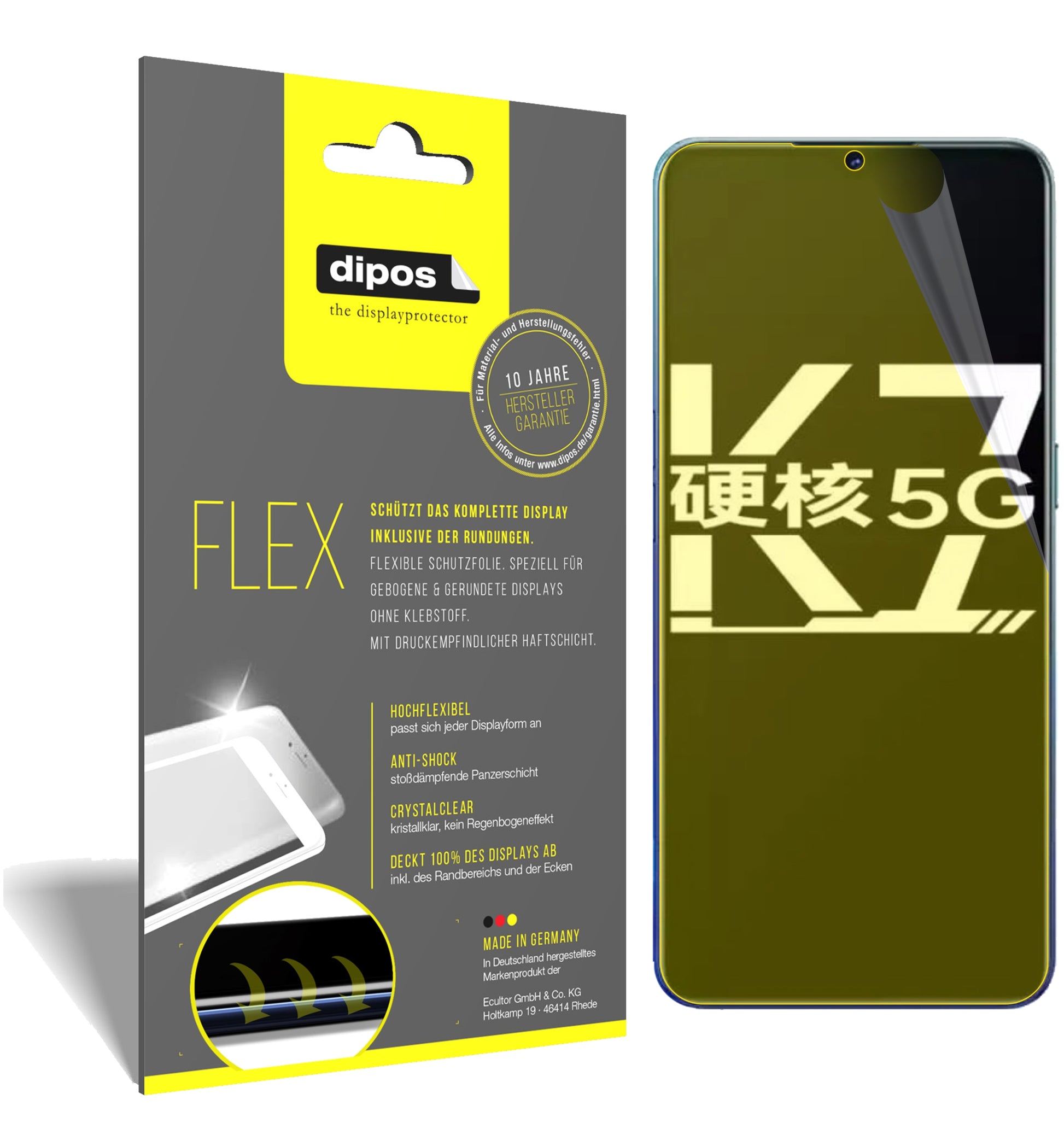 Klare Displayschutzfolie von dipos passend für Oppo K7 5G, 100% Displayabdeckung und blasenfreie Montage
