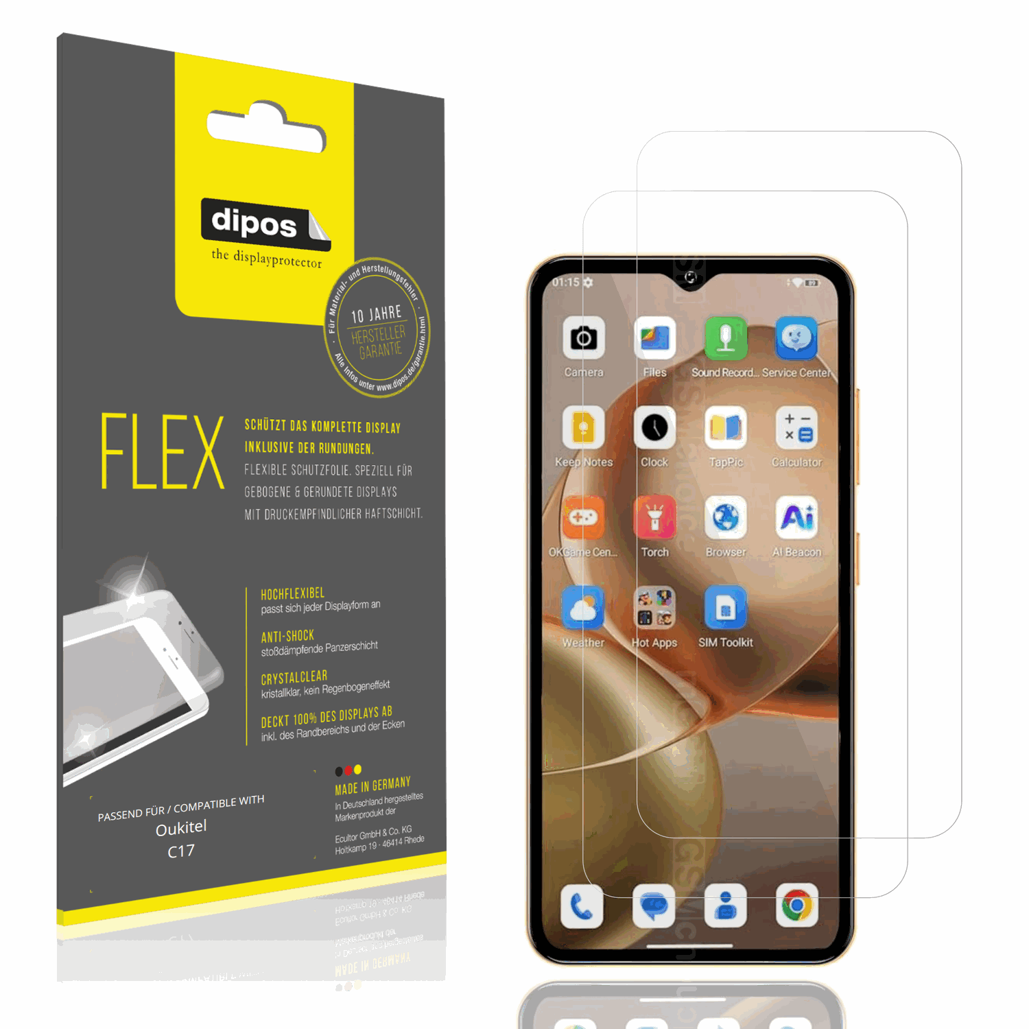 Klare Displayschutzfolie von dipos passend für Oukitel C17, 100% Displayabdeckung und blasenfreie Montage