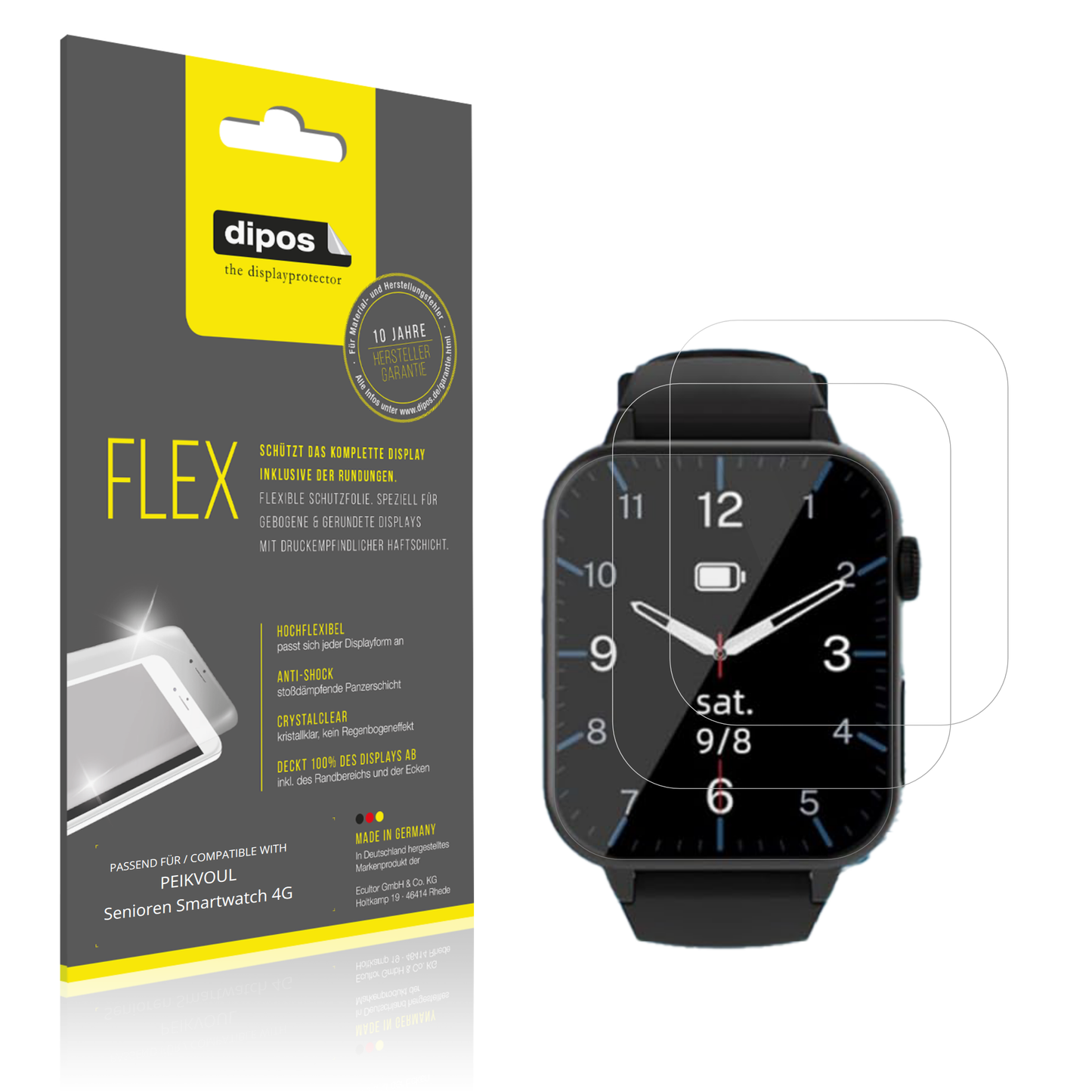 Klare Displayschutzfolie von dipos passend für PEIKVOUL Senioren Smartwatch 4G, 100% Displayabdeckung und blasenfreie Montage