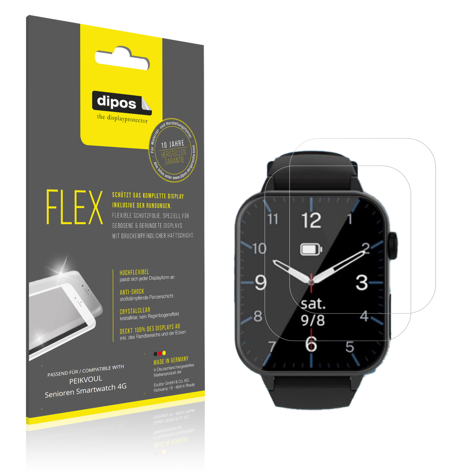 Klare Displayschutzfolie von dipos passend für PEIKVOUL Senioren Smartwatch 4G, 100% Displayabdeckung und blasenfreie Montage
