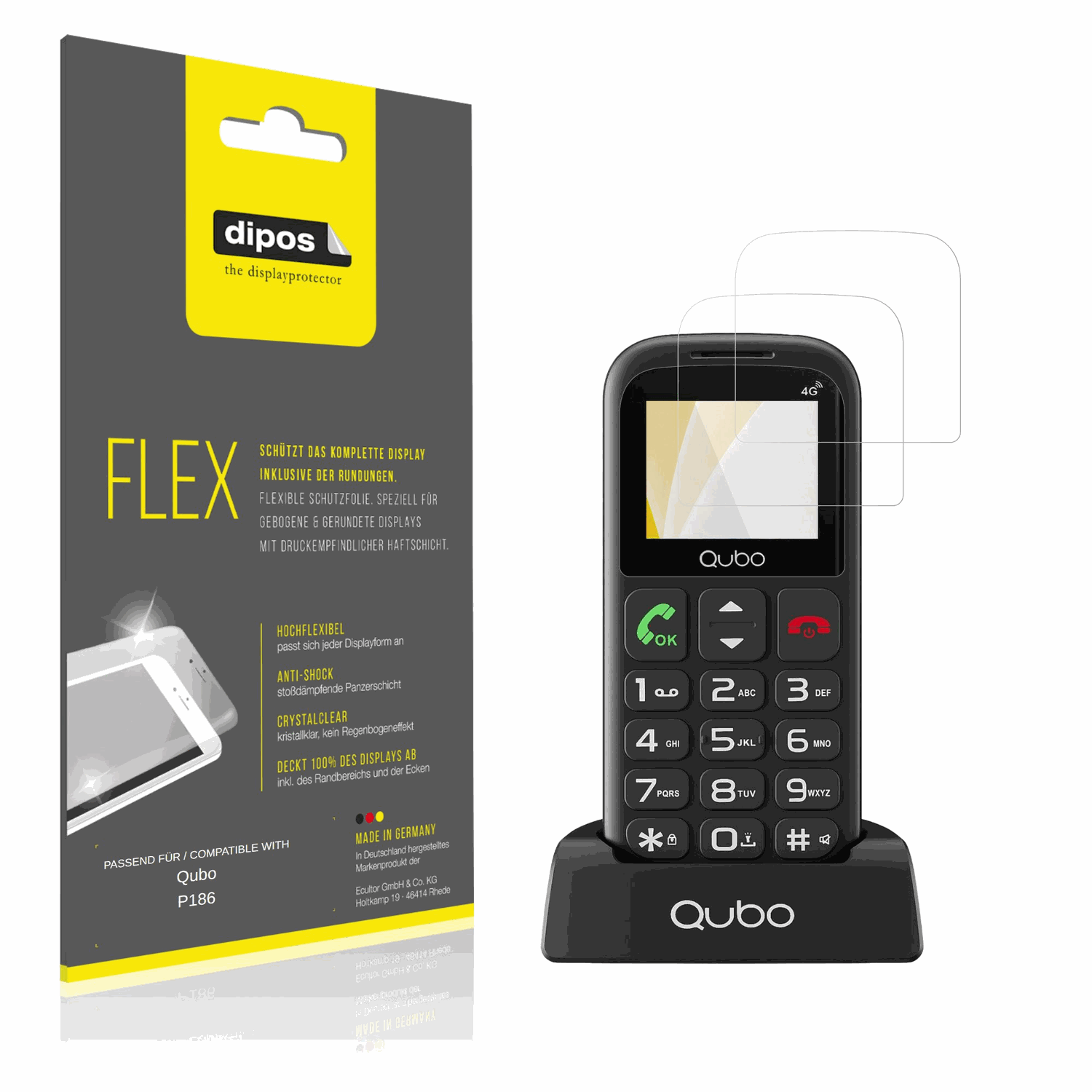 Klare Displayschutzfolie von dipos passend für Qubo P186, 100% Displayabdeckung und blasenfreie Montage