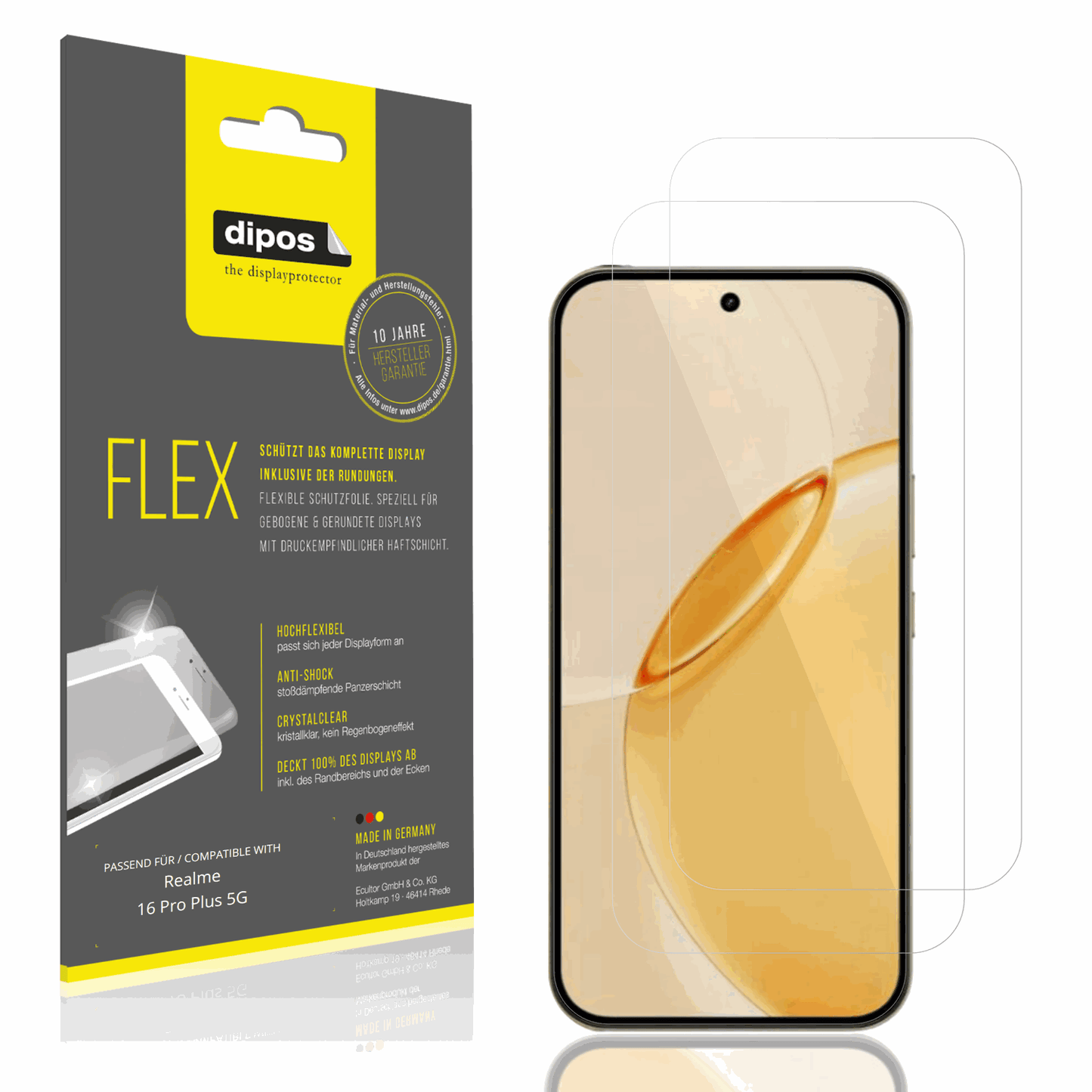 Klare Displayschutzfolie von dipos passend für Realme 16 Pro Plus 5G, 100% Displayabdeckung und blasenfreie Montage