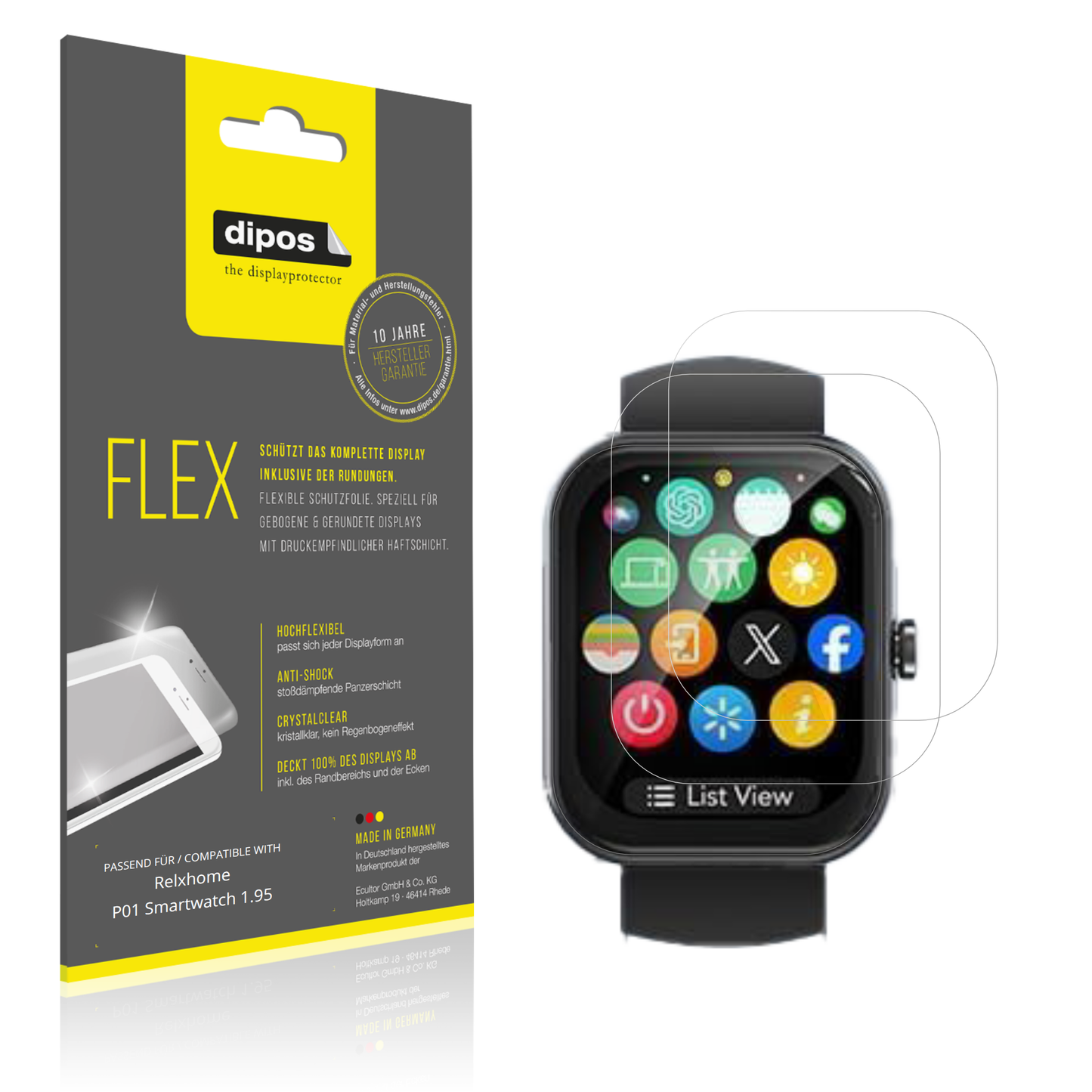 Klare Displayschutzfolie von dipos passend für Relxhome P01 Smartwatch 1.95, 100% Displayabdeckung und blasenfreie Montage