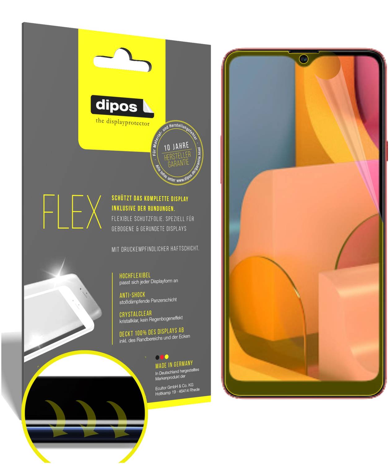 Klare Displayschutzfolie von dipos passend für Samsung Galaxy A20s, 100% Displayabdeckung und blasenfreie Montage