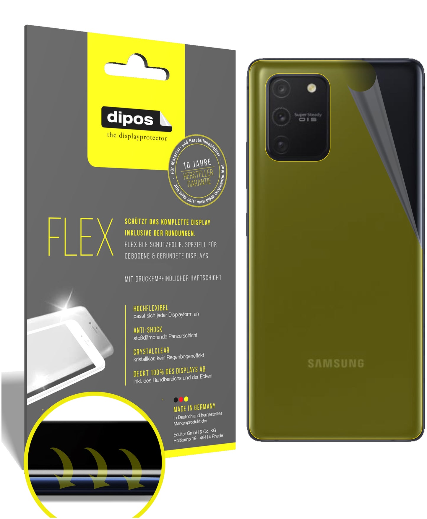 Klare Displayschutzfolie von dipos passend für Samsung Galaxy S10 Lite Rückseite, 100% Displayabdeckung und blasenfreie Montage