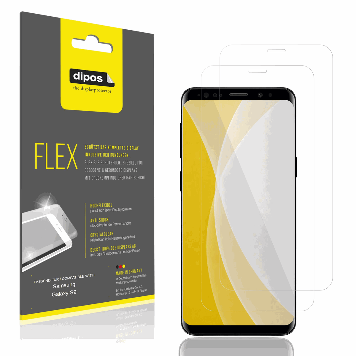Klare Displayschutzfolie von dipos passend für Samsung Galaxy S9, 100% Displayabdeckung und blasenfreie Montage