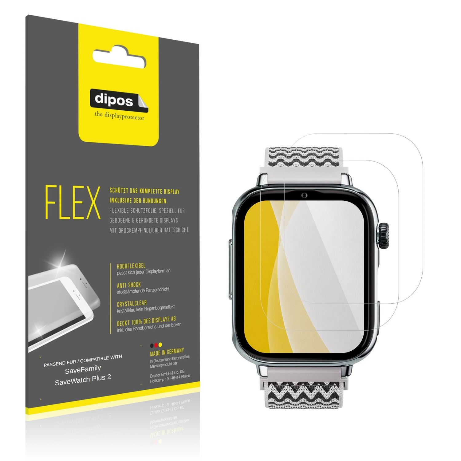 Klare Displayschutzfolie von dipos passend für SaveFamily SaveWatch Plus 2, 100% Displayabdeckung und blasenfreie Montage