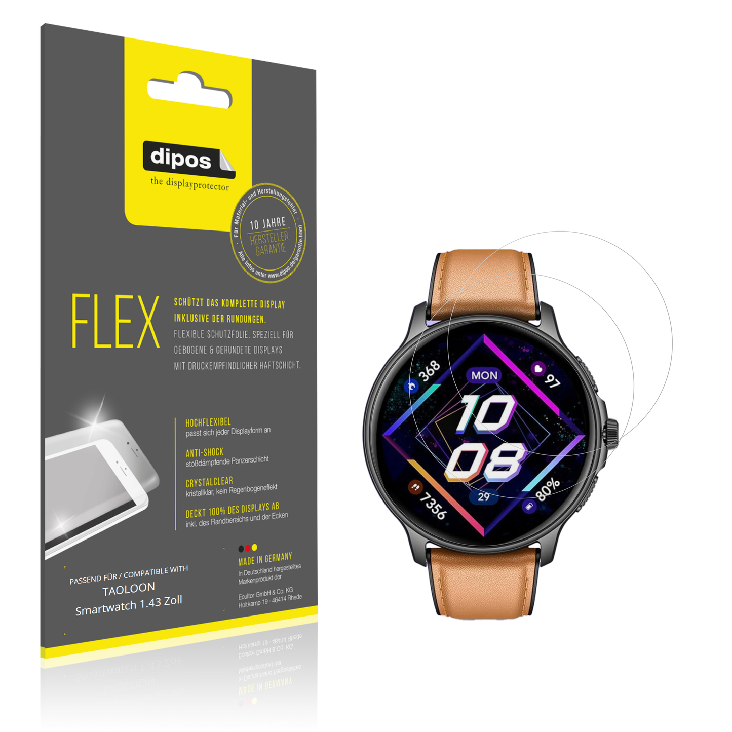 Klare Displayschutzfolie von dipos passend für TAOLOON Smartwatch 1.43 Zoll, 100% Displayabdeckung und blasenfreie Montage
