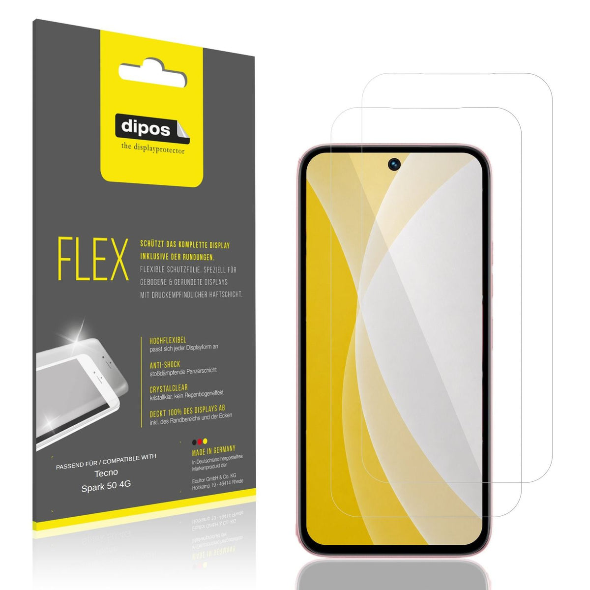 Klare Displayschutzfolie von dipos passend für Tecno Spark 50 4G, 100% Displayabdeckung und blasenfreie Montage