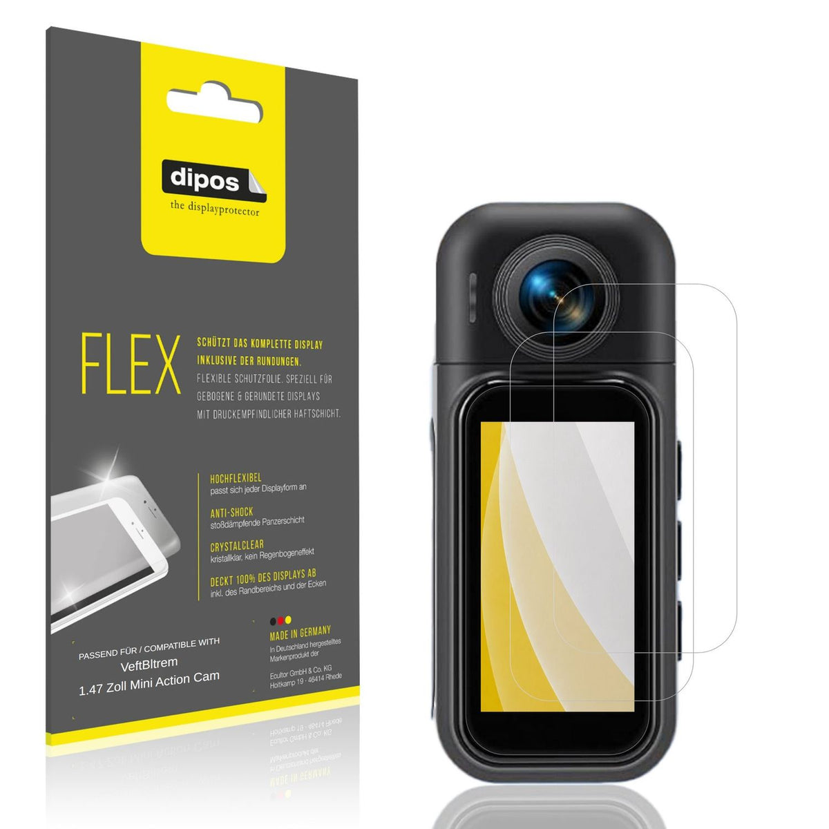 Klare Displayschutzfolie von dipos passend für VeftBltrem 1.47 Zoll Mini Action Cam, 100% Displayabdeckung und blasenfreie Montage