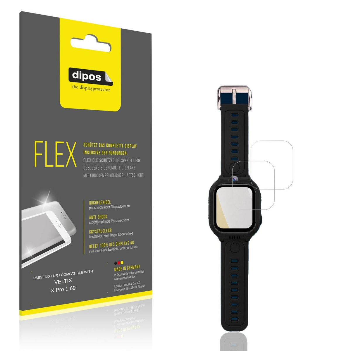 Klare Displayschutzfolie von dipos passend für VELTIX X Pro 1.69, 100% Displayabdeckung und blasenfreie Montage