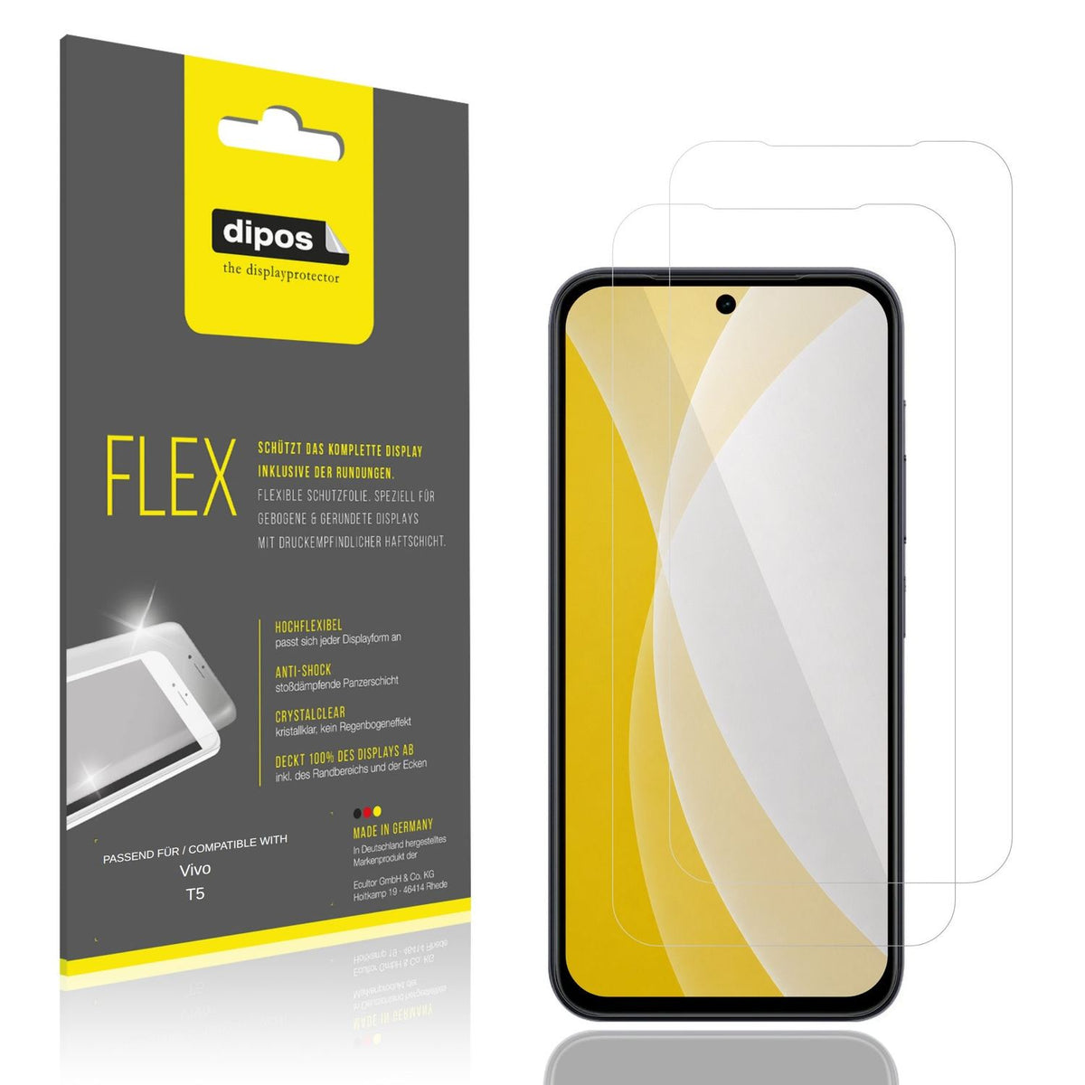 Klare Displayschutzfolie von dipos passend für Vivo T5, 100% Displayabdeckung und blasenfreie Montage