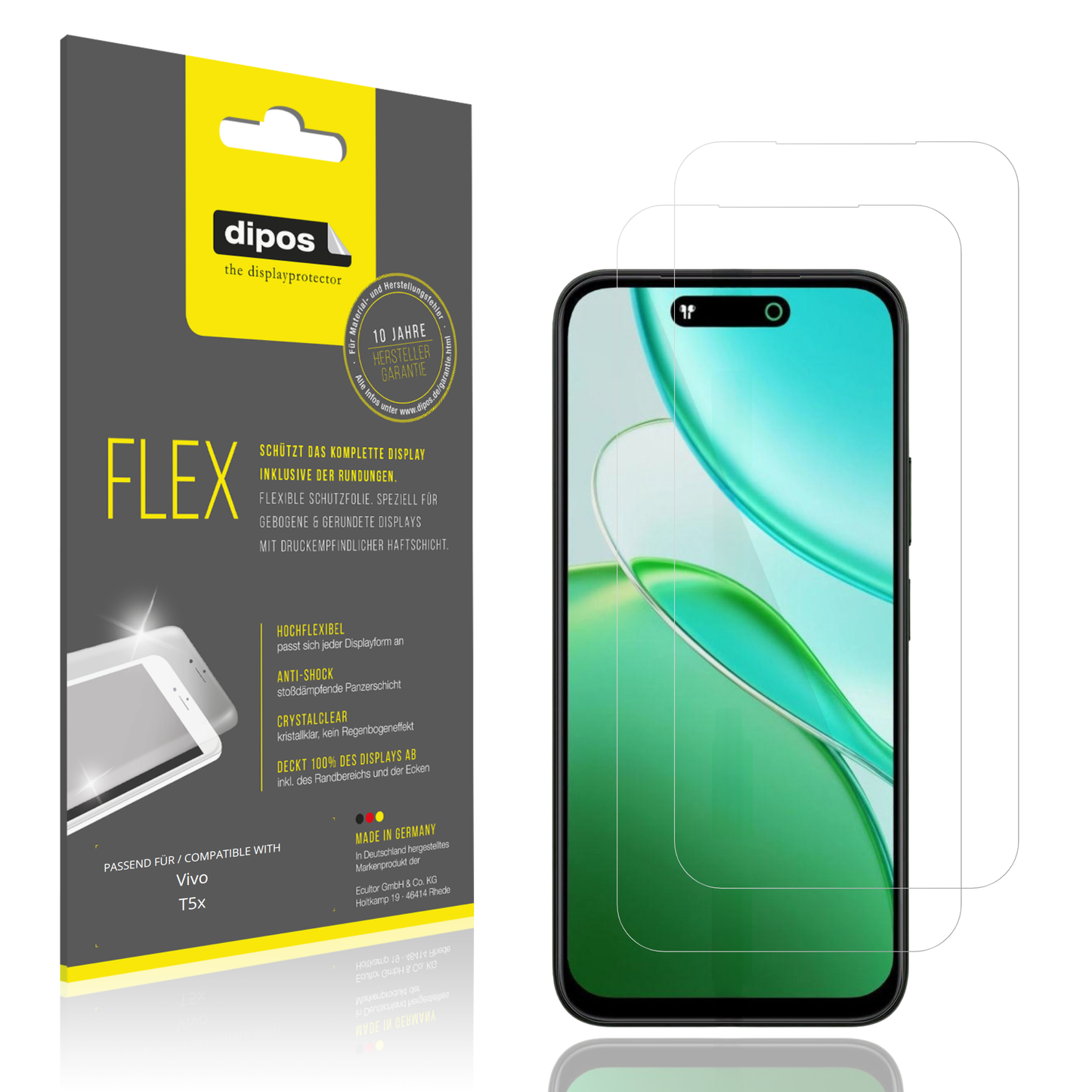 Klare Displayschutzfolie von dipos passend für Vivo T5x, 100% Displayabdeckung und blasenfreie Montage