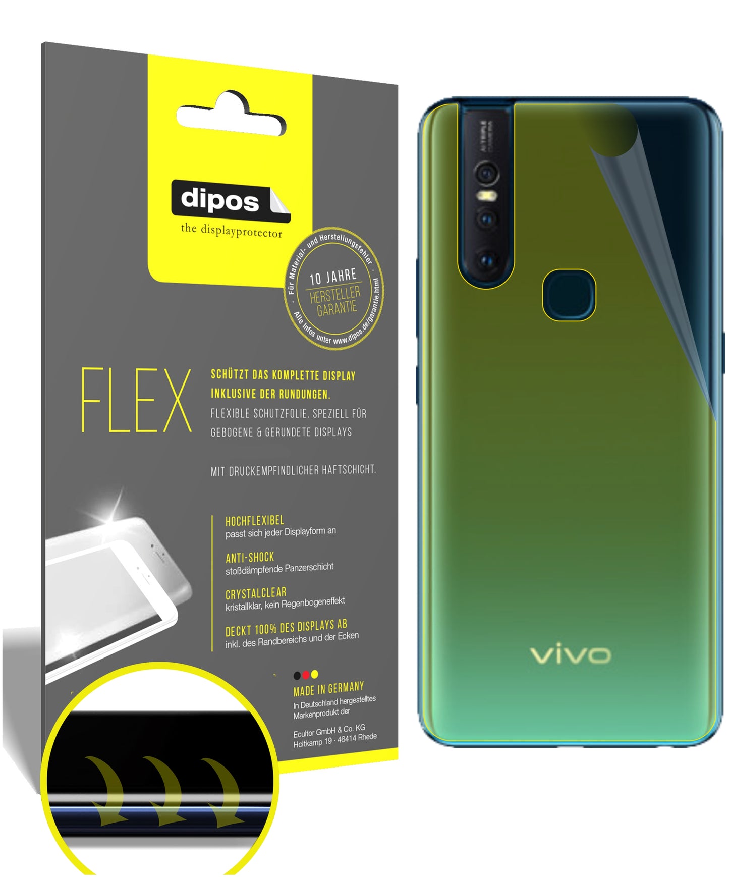 Klare Displayschutzfolie von dipos passend für Vivo V15 Pro Rückseite, 100% Displayabdeckung und blasenfreie Montage