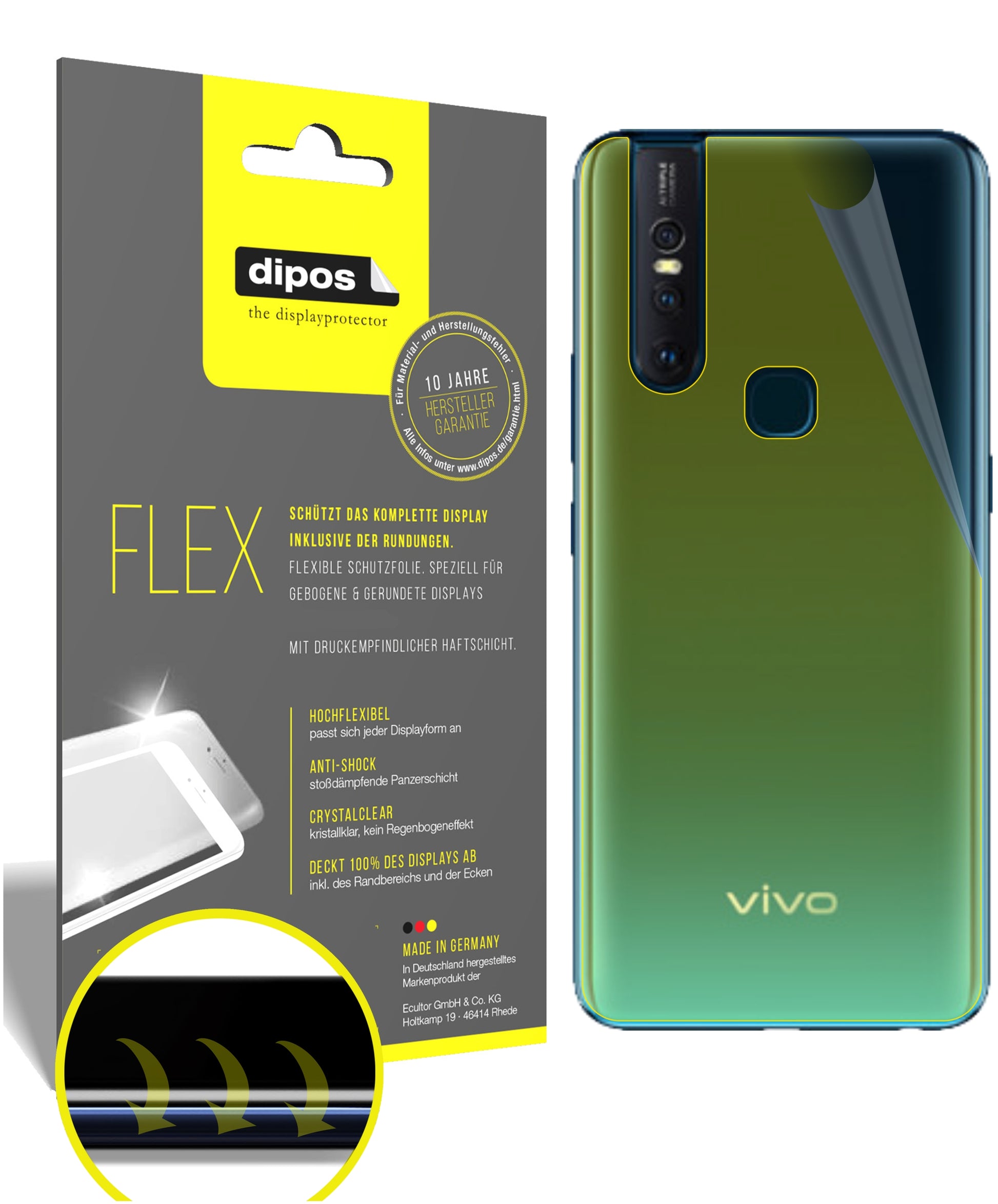 Klare Displayschutzfolie von dipos passend für Vivo V15 Rückseite, 100% Displayabdeckung und blasenfreie Montage