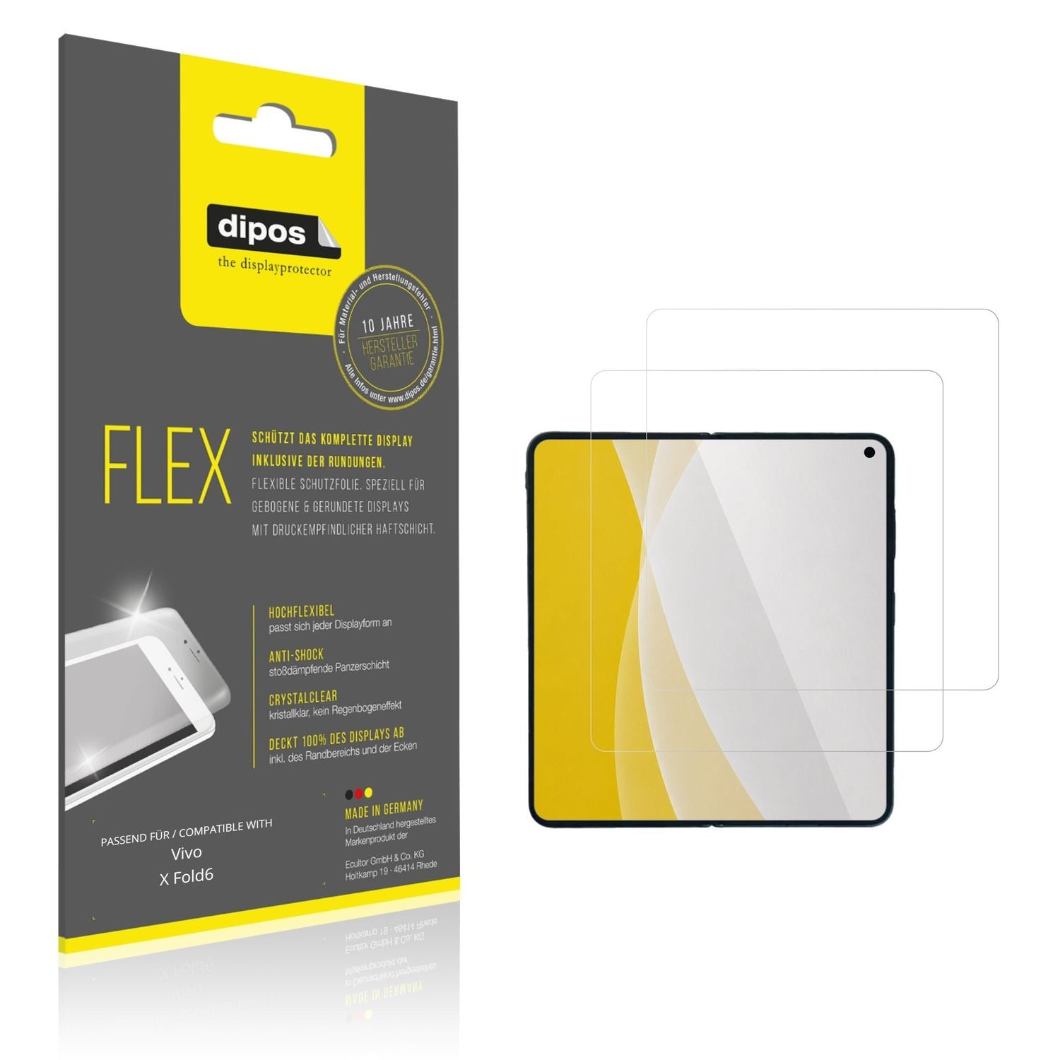 Klare Displayschutzfolie von dipos passend für Vivo X Fold6 Innenseite, 100% Displayabdeckung und blasenfreie Montage