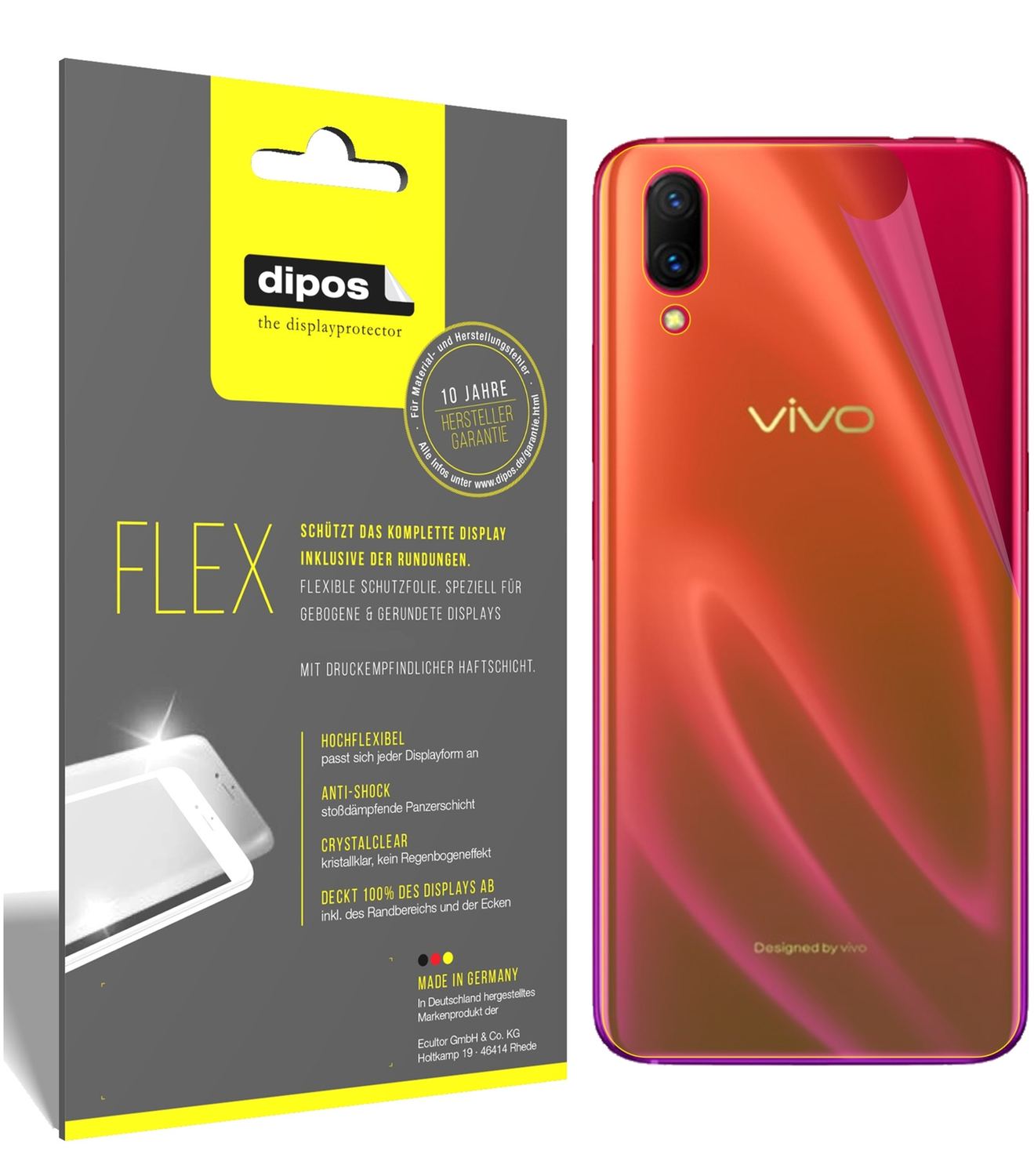 Klare Displayschutzfolie von dipos passend für Vivo X23 Rückseite, 100% Displayabdeckung und blasenfreie Montage