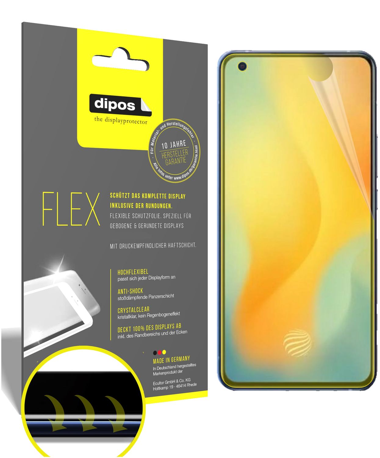 Klare Displayschutzfolie von dipos passend für Vivo X50, 100% Displayabdeckung und blasenfreie Montage