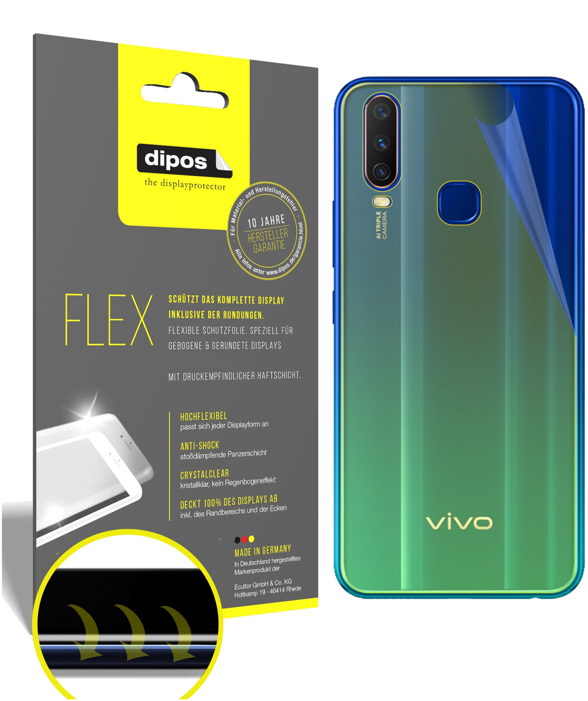 Klare Displayschutzfolie von dipos passend für Vivo Y12 Rückseite, 100% Displayabdeckung und blasenfreie Montage