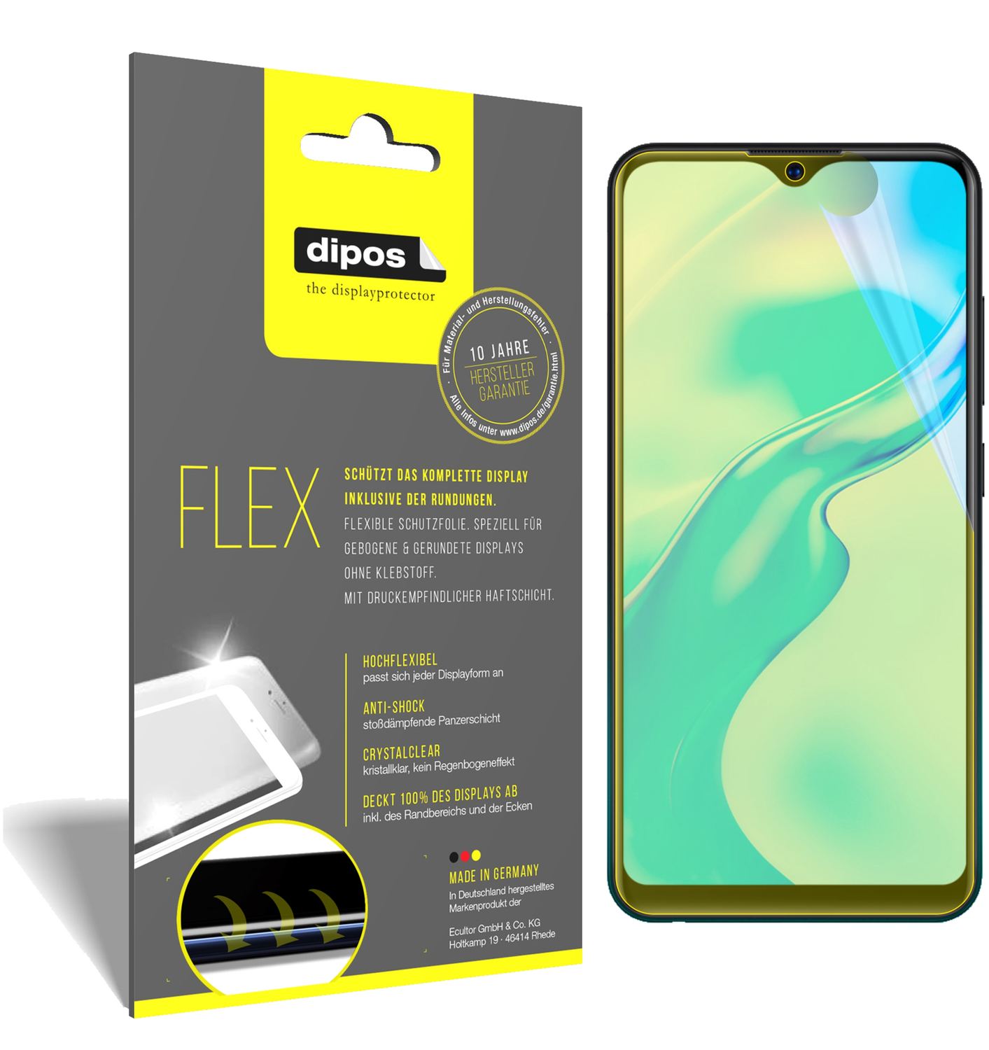 Klare Displayschutzfolie von dipos passend für Vivo Y1s, 100% Displayabdeckung und blasenfreie Montage