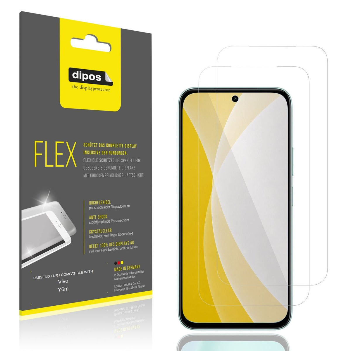 Klare Displayschutzfolie von dipos passend für Vivo Y6m, 100% Displayabdeckung und blasenfreie Montage