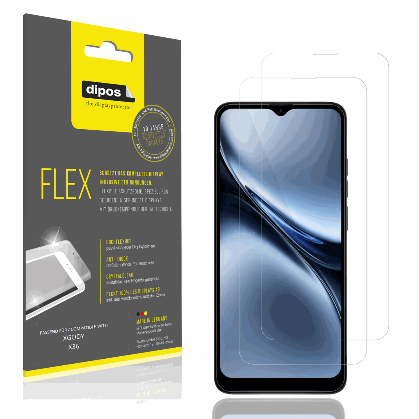 Klare Displayschutzfolie von dipos passend für XGODY X36, 100% Displayabdeckung und blasenfreie Montage
