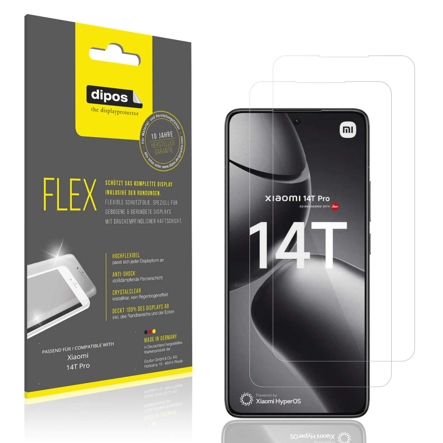 Klare Displayschutzfolie von dipos passend für Xiaomi 14T Pro, 100% Displayabdeckung und blasenfreie Montage