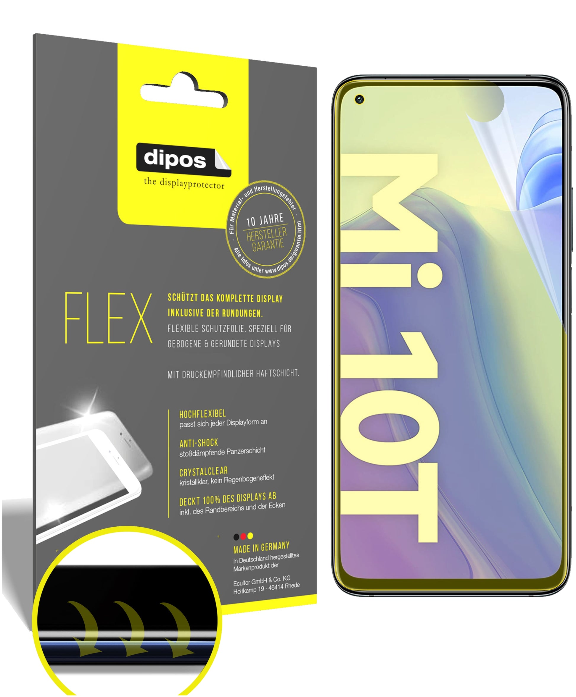 Klare Displayschutzfolie von dipos passend für Xiaomi Mi 10T, 100% Displayabdeckung und blasenfreie Montage