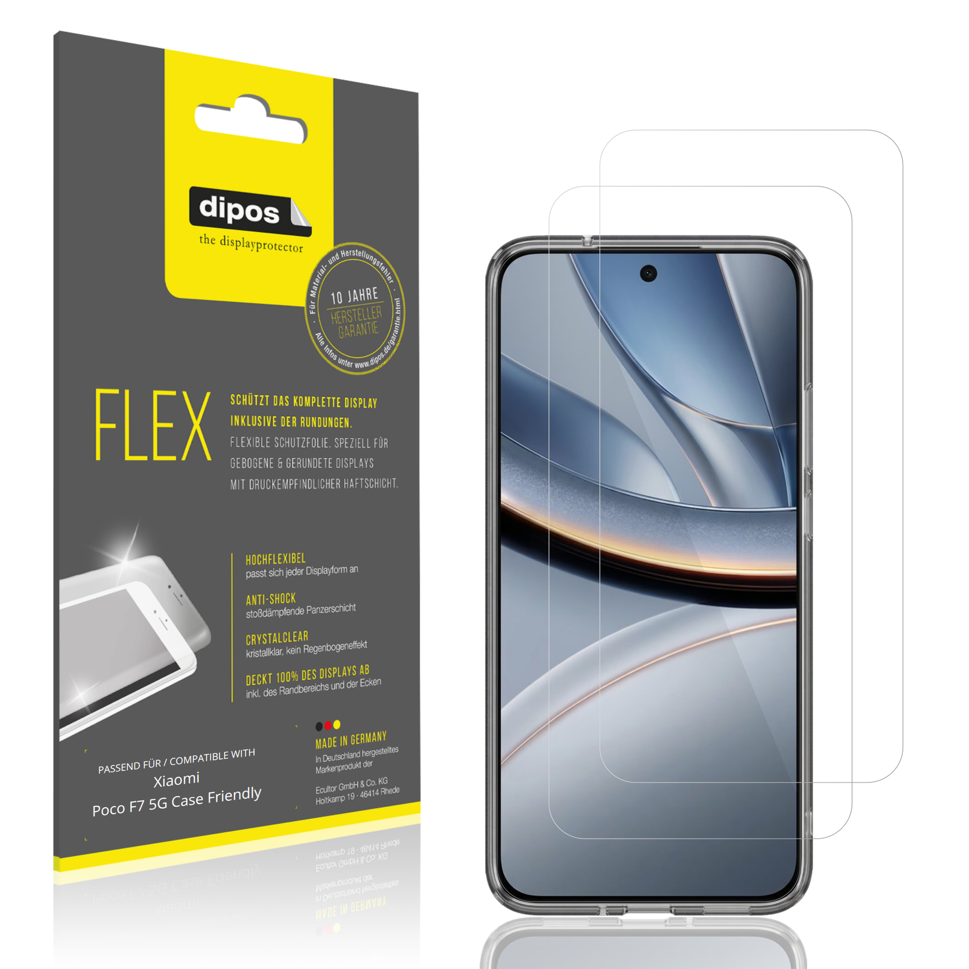Klare Displayschutzfolie von dipos passend f�r Xiaomi Poco F7 5G Case Friendly, 100% Displayabdeckung und blasenfreie Montage