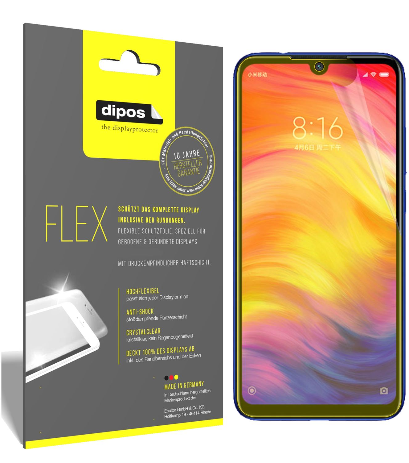 Klare Displayschutzfolie von dipos passend für Xiaomi Redmi Note 7S, 100% Displayabdeckung und blasenfreie Montage