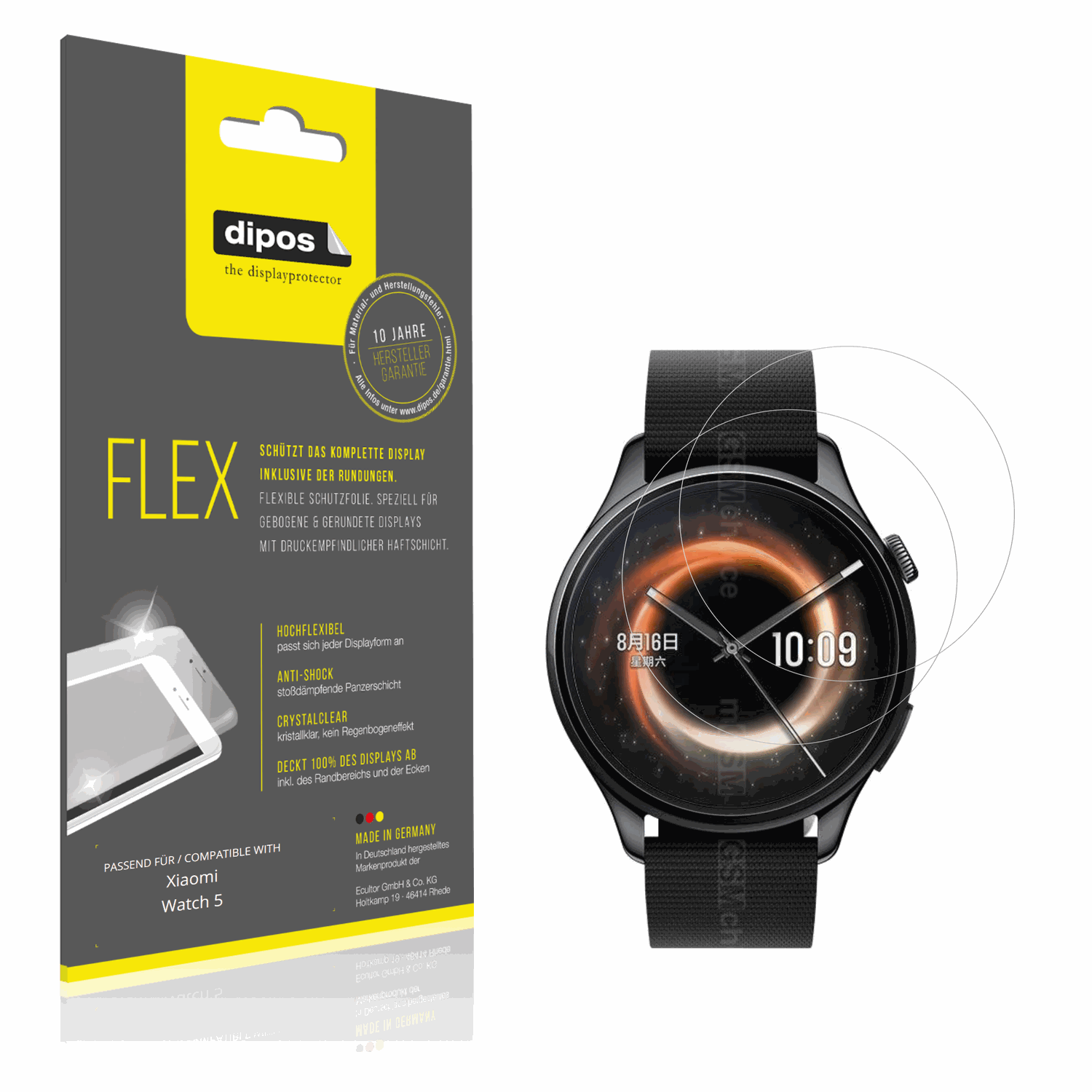 Klare Displayschutzfolie von dipos passend für Xiaomi Watch 5, 100% Displayabdeckung und blasenfreie Montage