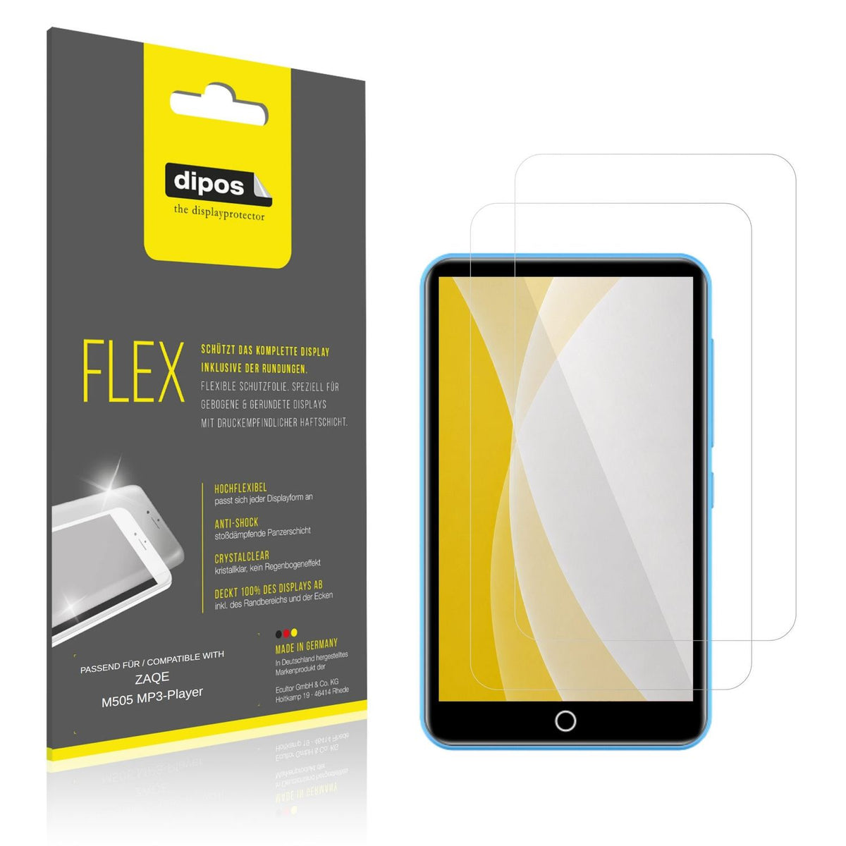 Klare Displayschutzfolie von dipos passend für ZAQE M505 MP3-Player, 100% Displayabdeckung und blasenfreie Montage
