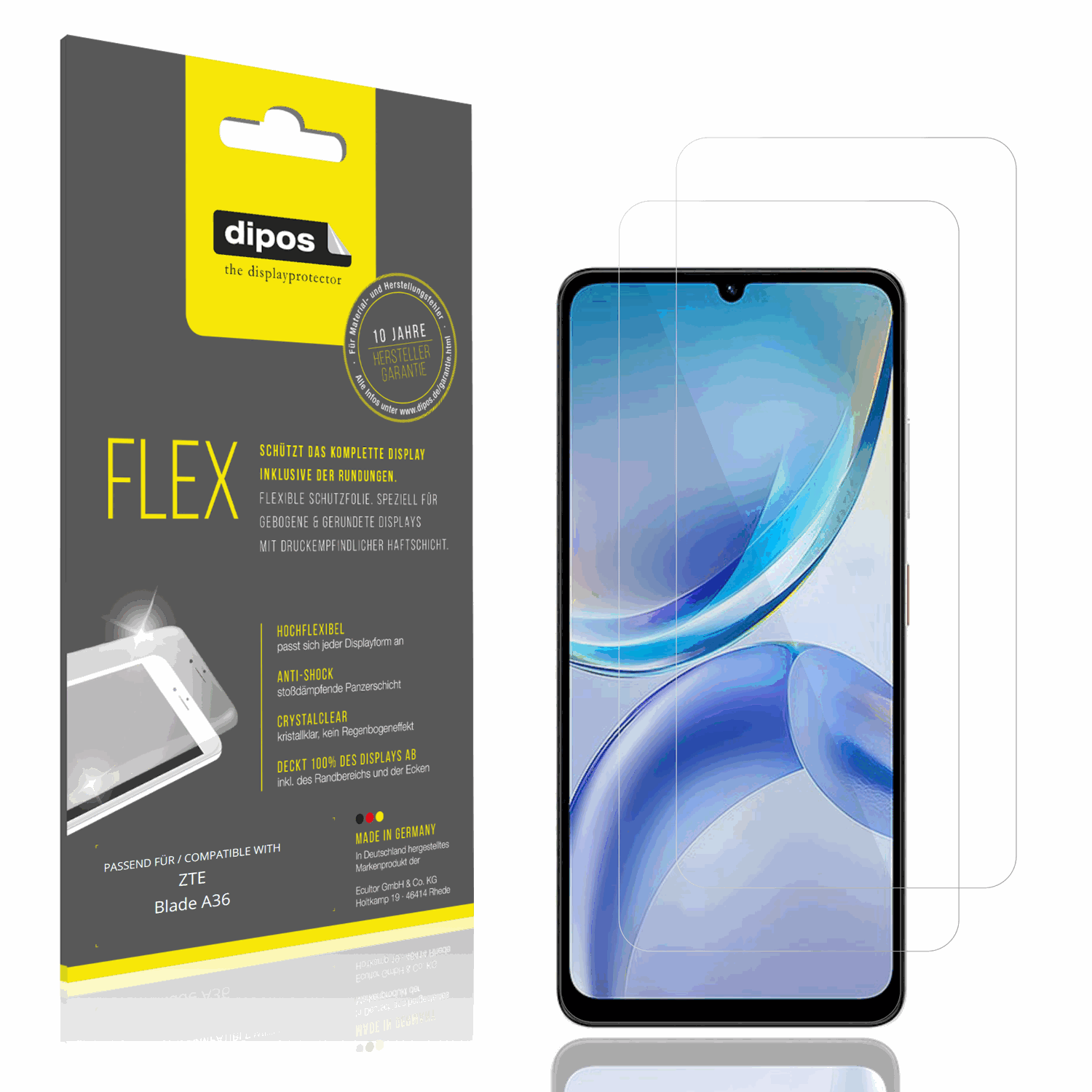 Klare Displayschutzfolie von dipos passend für ZTE Blade A36, 100% Displayabdeckung und blasenfreie Montage
